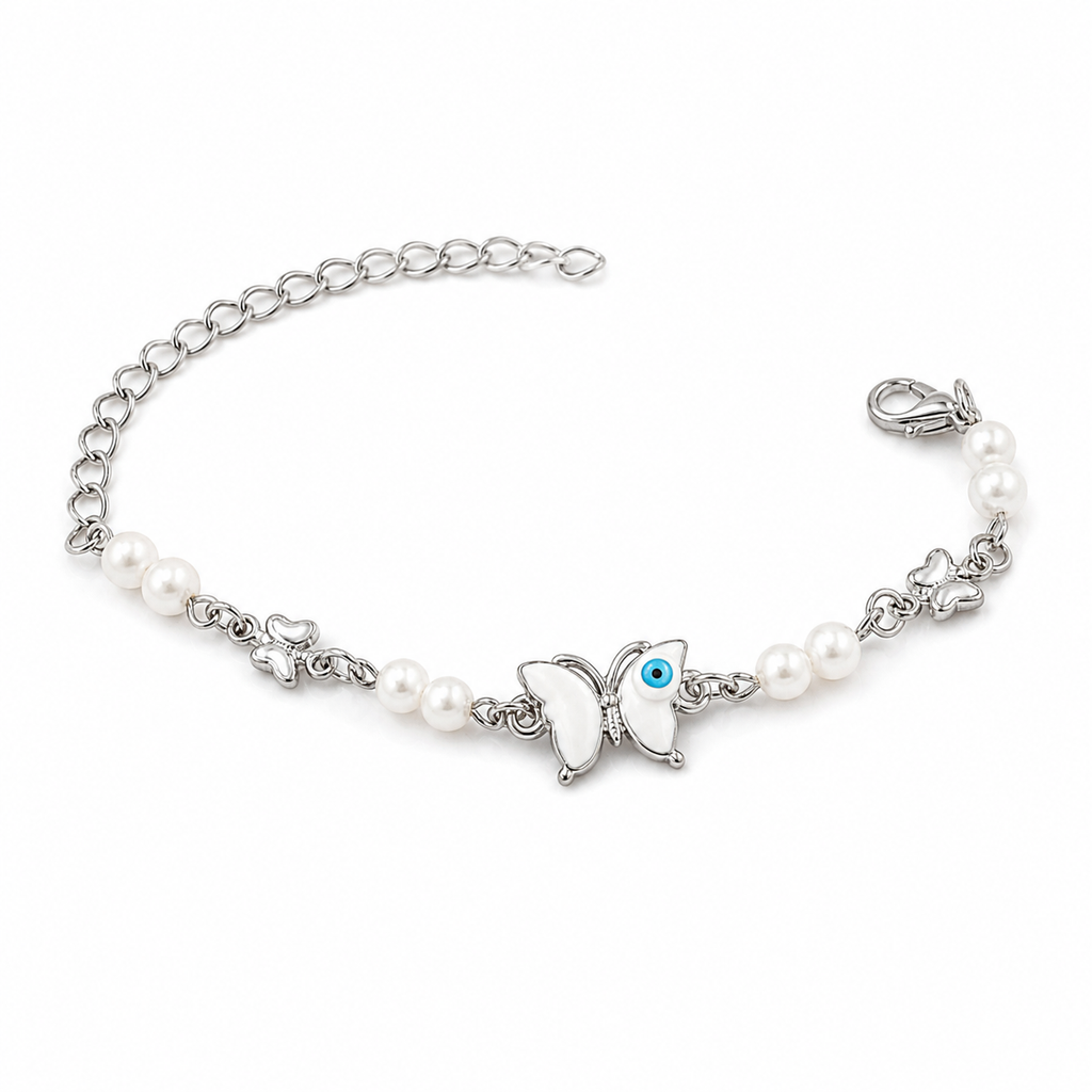 Silver Evil Eye Rakhi Bracelet with Pearls & Butterfly Charm