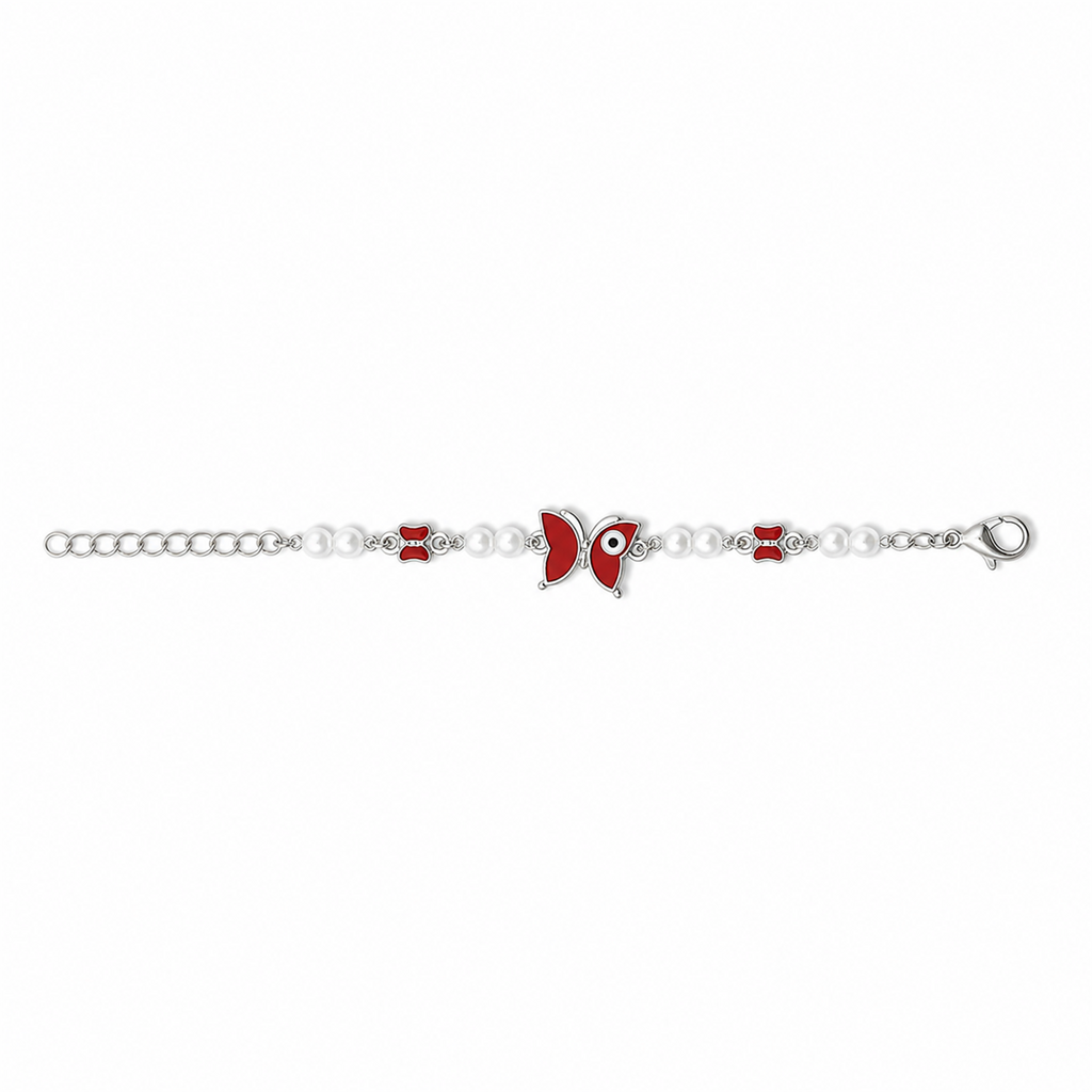 Silver Evil Eye Rakhi Bracelet with Pearls & Butterfly Charm – Nazar Protection Bracelet | Labh Ethnica