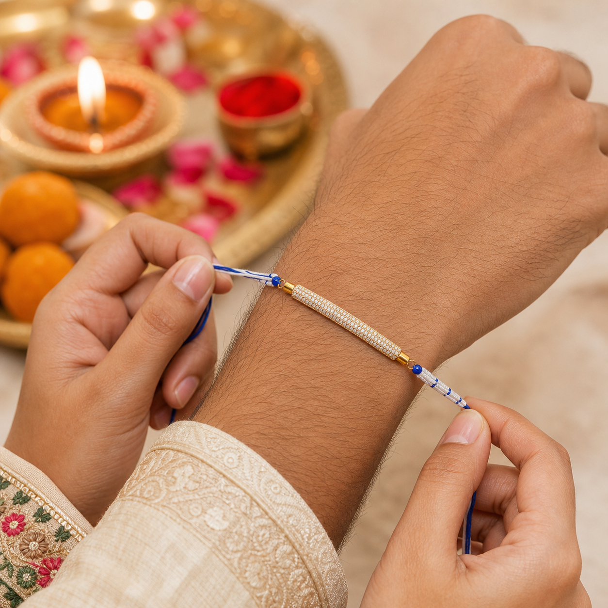 White Blue Beaded Rakhi for Brother