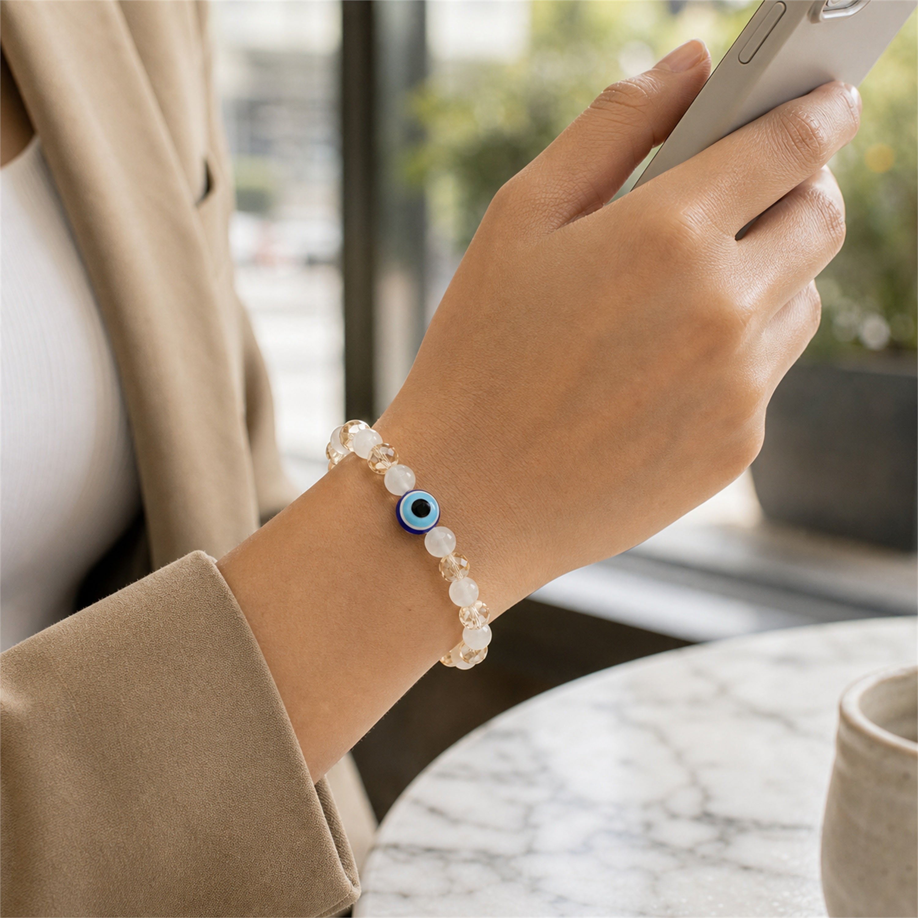 White Gold Evil Eye Nazar Bracelet – Handcrafted Protection & Good Luck Bracelet for Gifting | Labh Ethnica