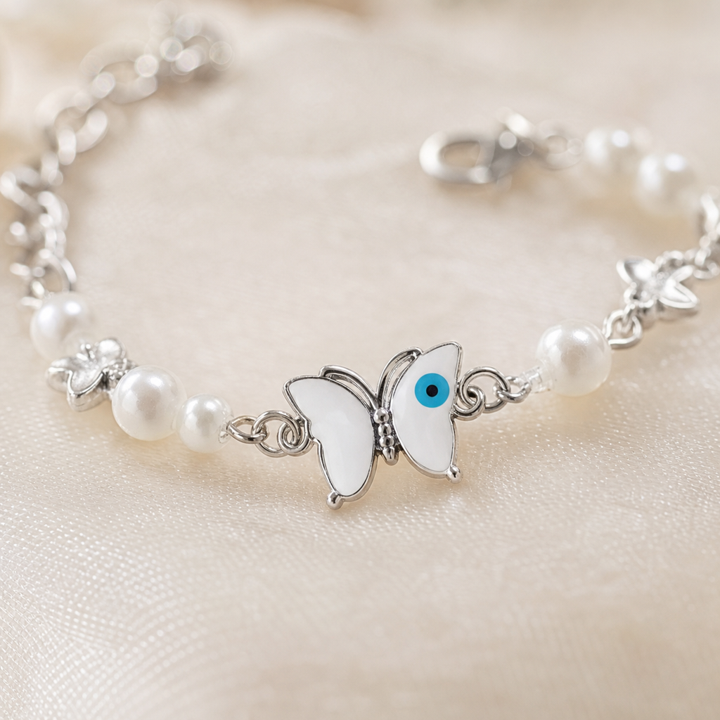 Silver Evil Eye Rakhi Bracelet with Pearls & Butterfly Charm