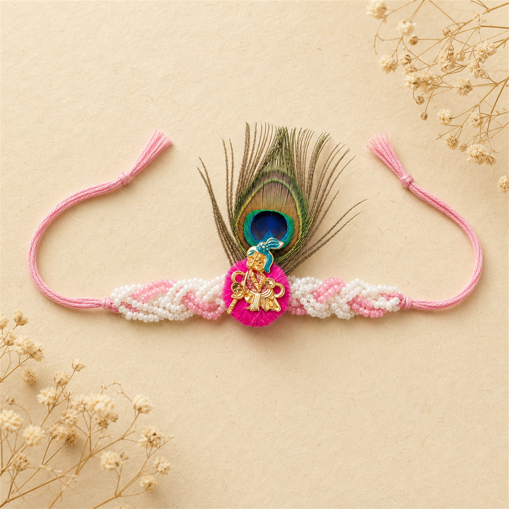 Peacock Krishna Rakhi for Brother – Handcrafted Enamel Deity Bracelet for Raksha Bandhan | Labh Ethnica