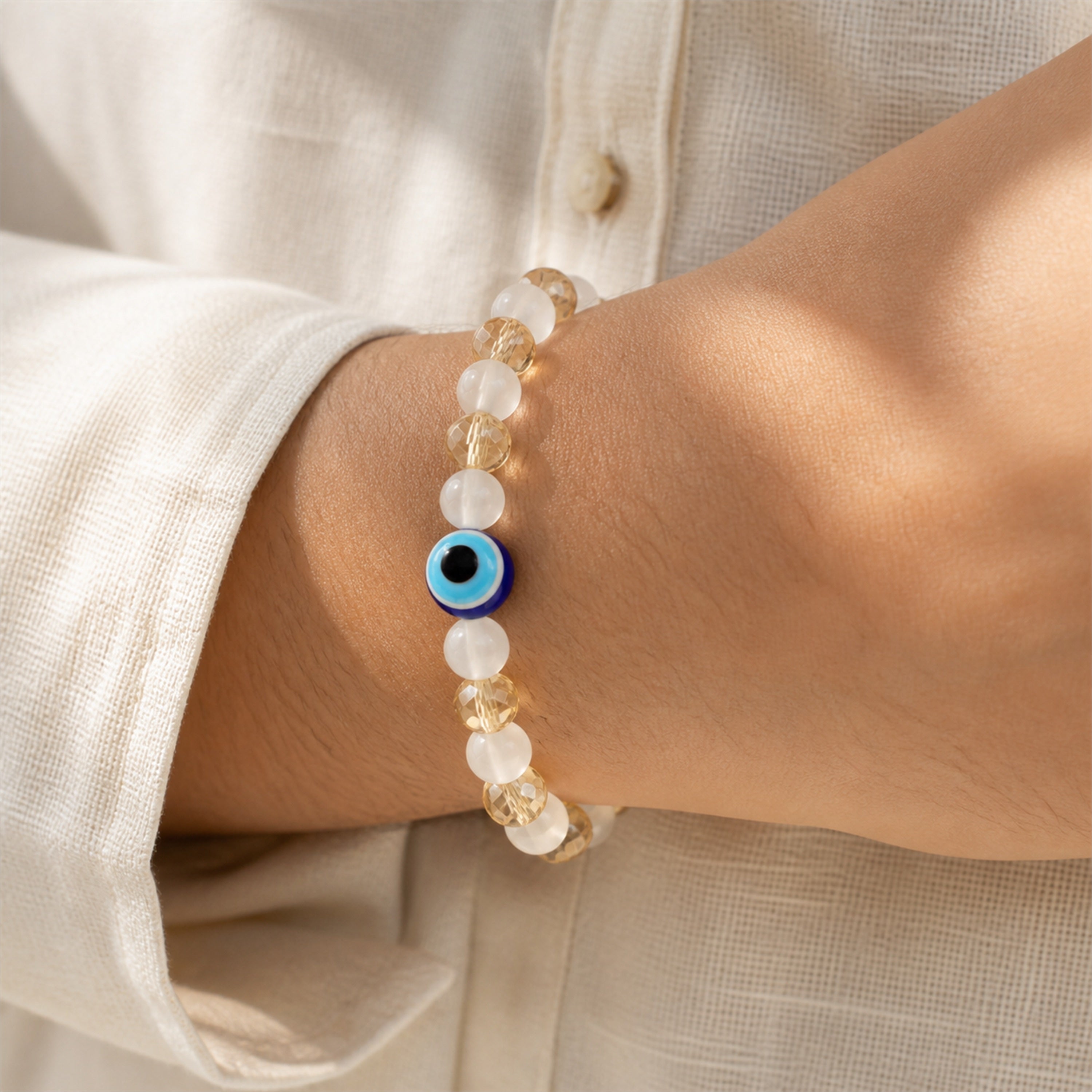 White Gold Evil Eye Nazar Bracelet – Handcrafted Protection & Good Luck Bracelet for Gifting | Labh Ethnica