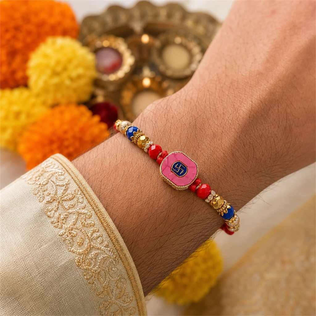 Pink Swastik Rakhi for Brother – Handcrafted Auspicious Beaded Bracelet for Raksha Bandhan | Labh Ethnica