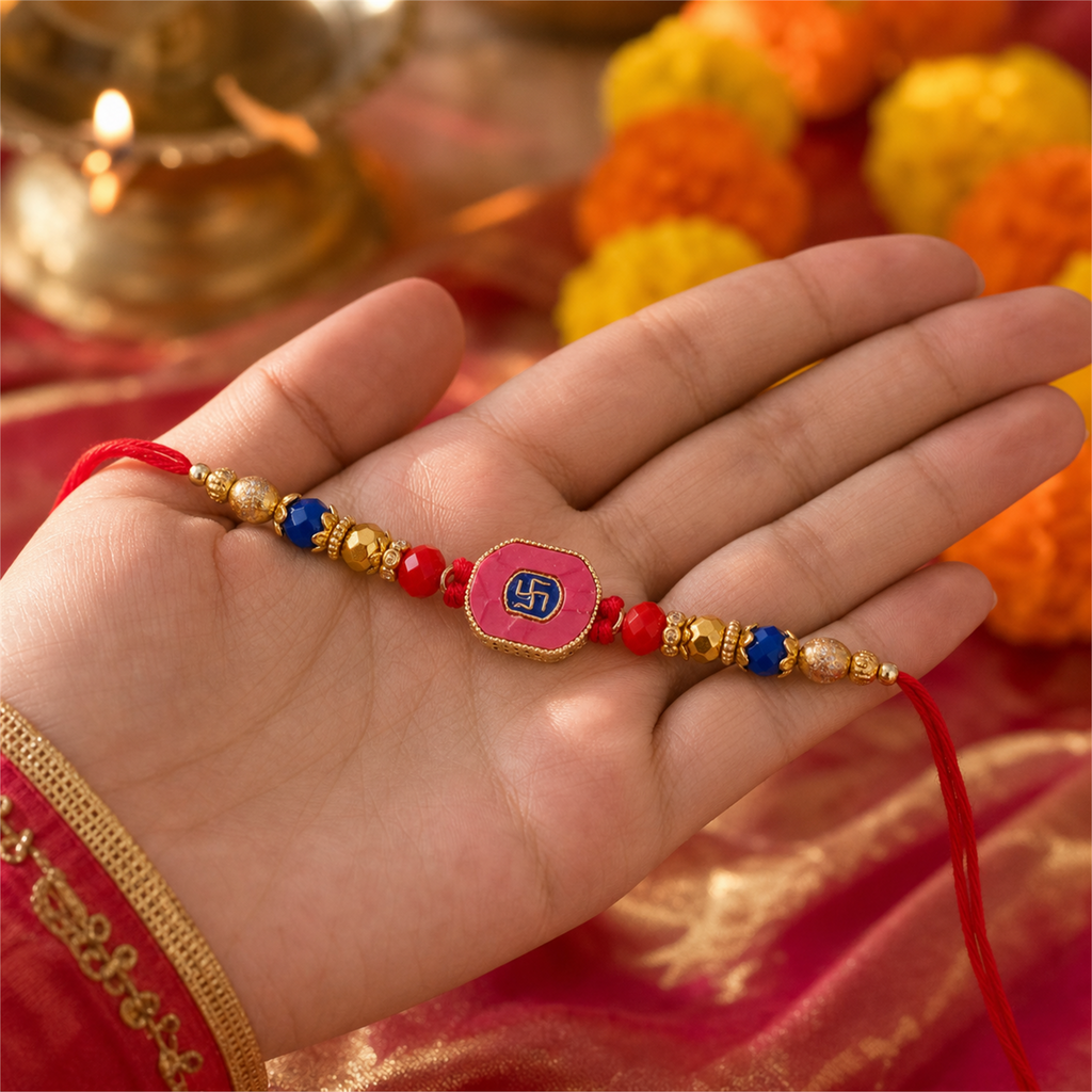 Pink Swastik Rakhi for Brother – Handcrafted Auspicious Beaded Bracelet for Raksha Bandhan | Labh Ethnica