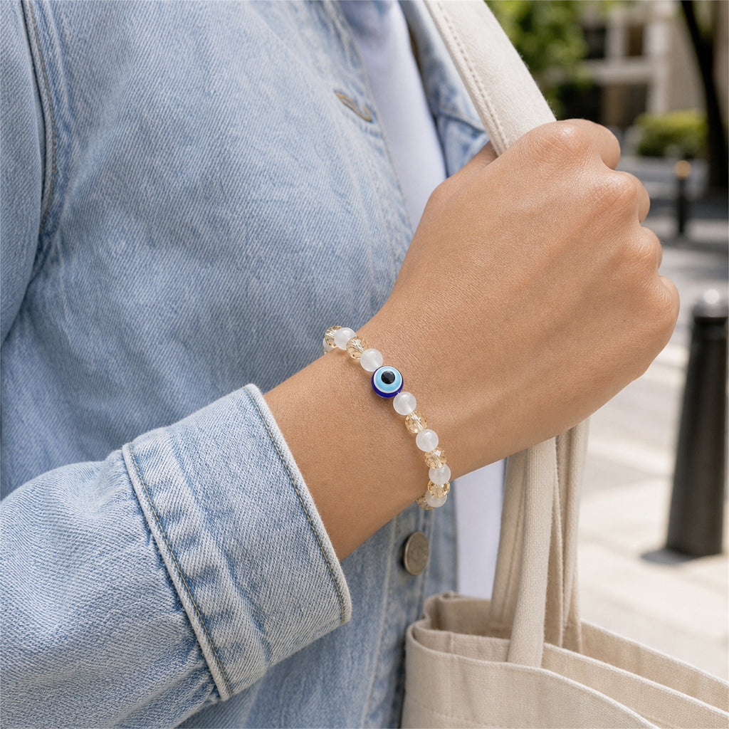 White Gold Evil Eye Nazar Bracelet – Handcrafted Protection & Good Luck Bracelet for Gifting | Labh Ethnica