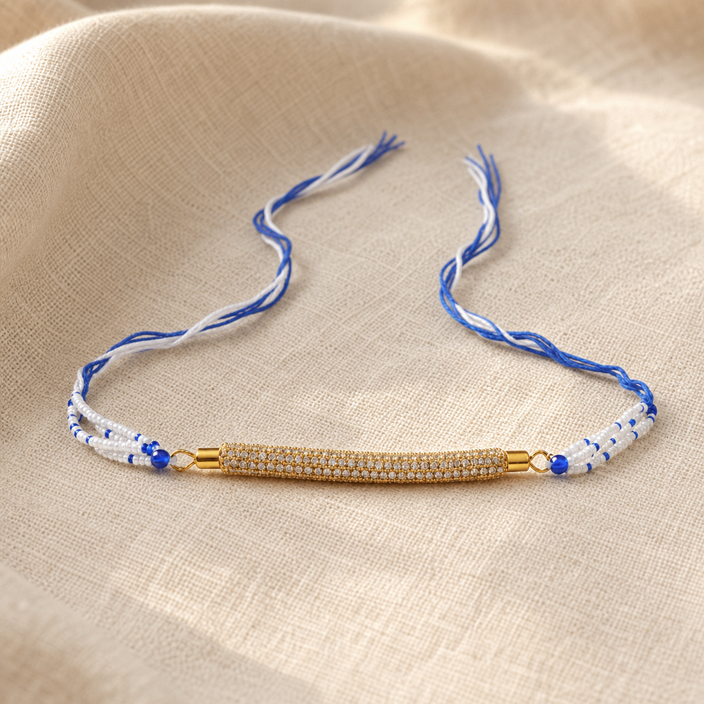 White Blue Beaded Rakhi for Brother