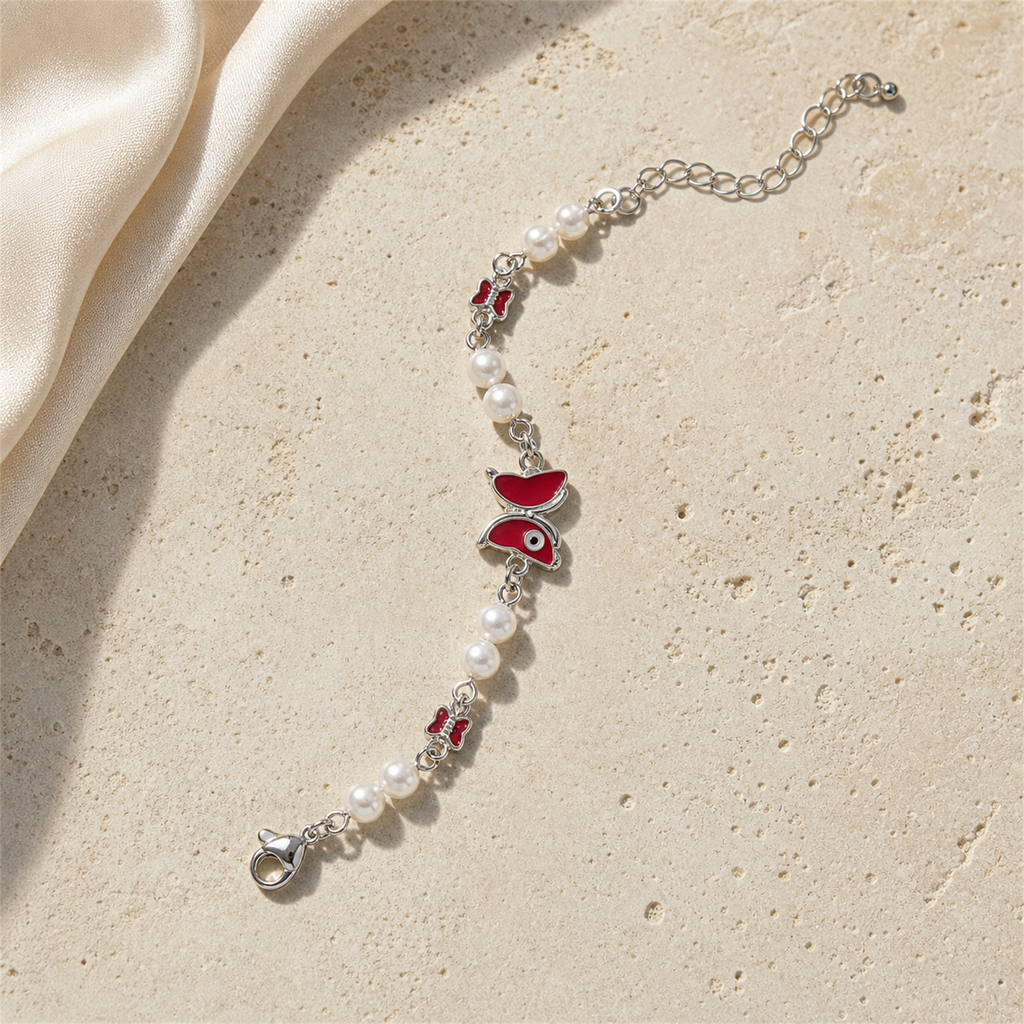 Silver Evil Eye Rakhi Bracelet with Pearls & Butterfly Charm – Nazar Protection Bracelet | Labh Ethnica