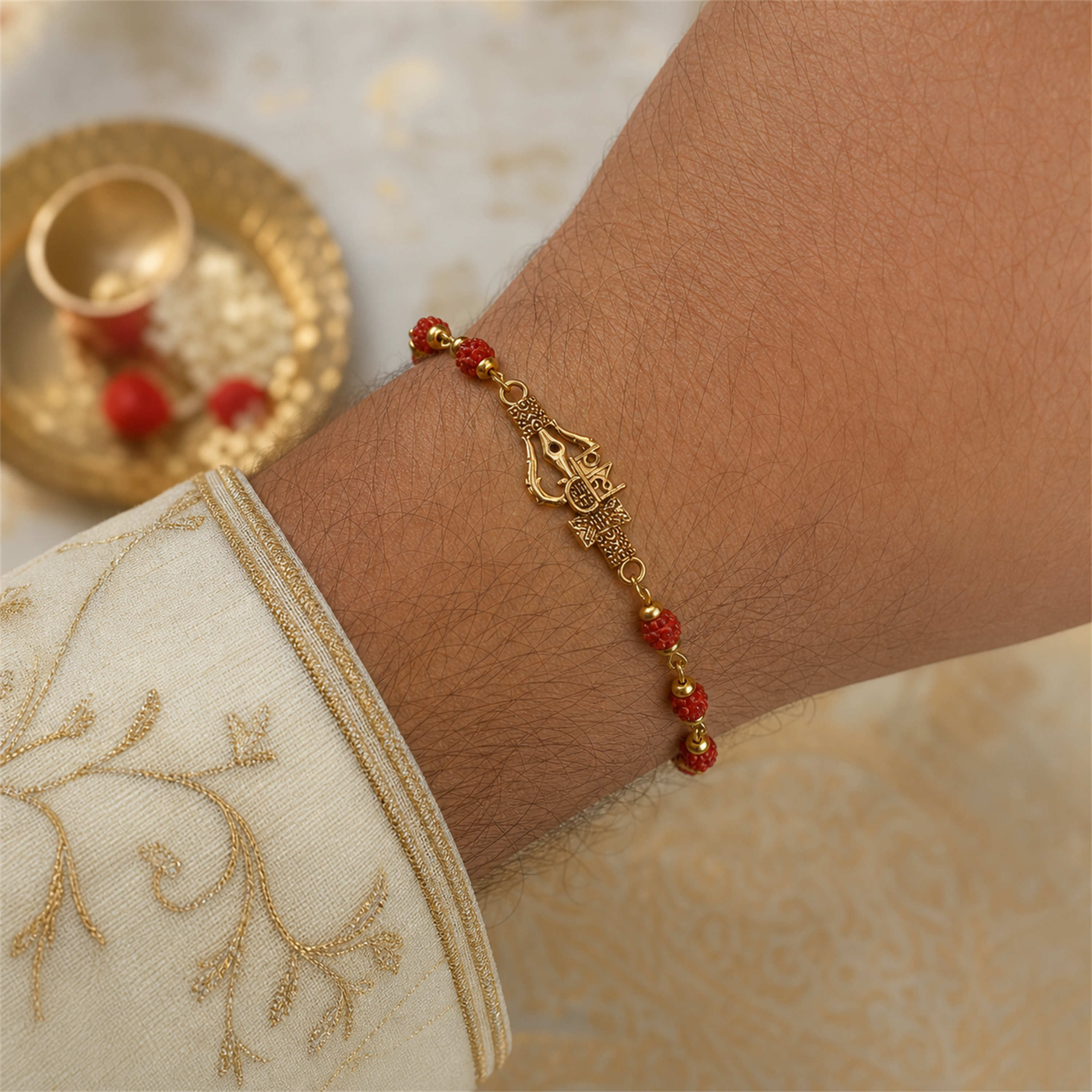 Spiritual Om Trishul Rudraksha Bead Bracelet for Men | Shiva Protection Rakhi