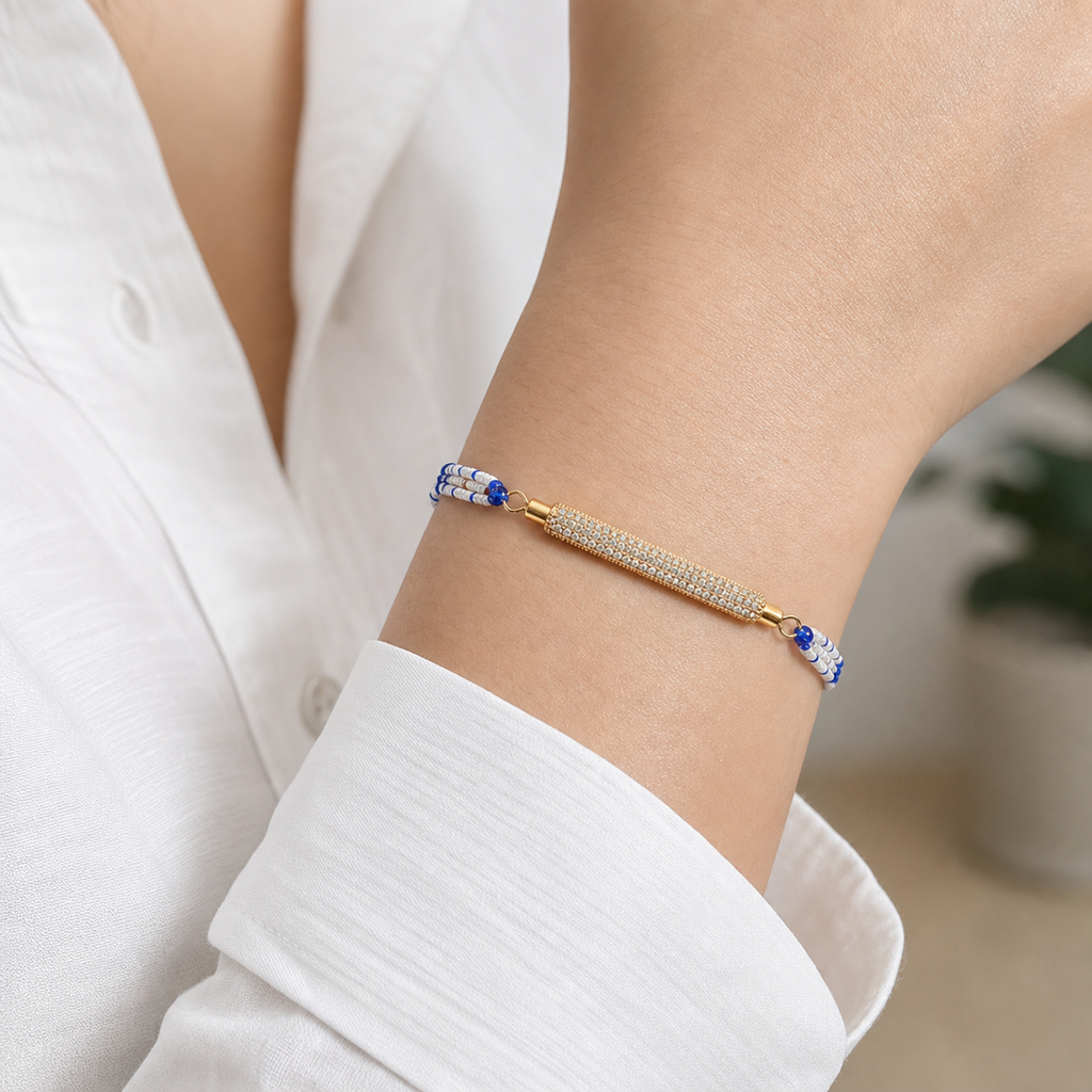 White Blue Beaded Rakhi for Brother