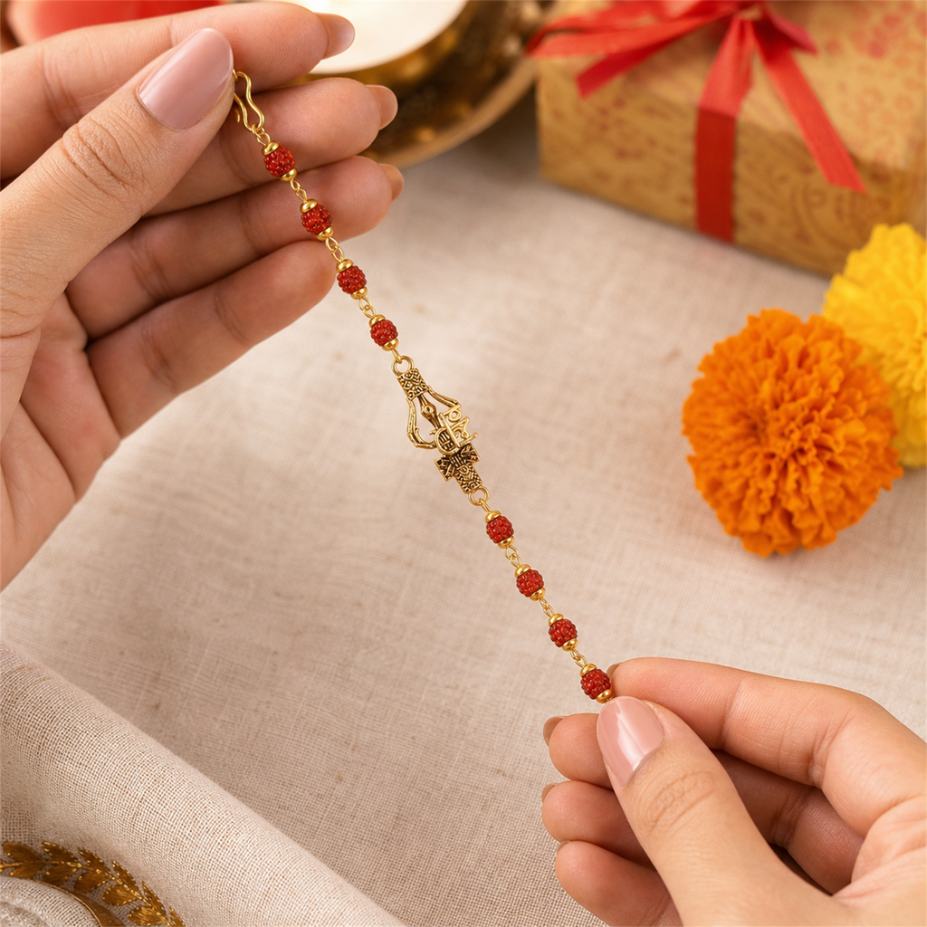 Spiritual Om Trishul Rudraksha Bead Bracelet for Men | Shiva Protection Rakhi