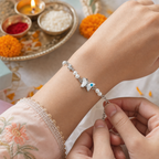 Silver Evil Eye Rakhi Bracelet with Pearls & Butterfly Charm