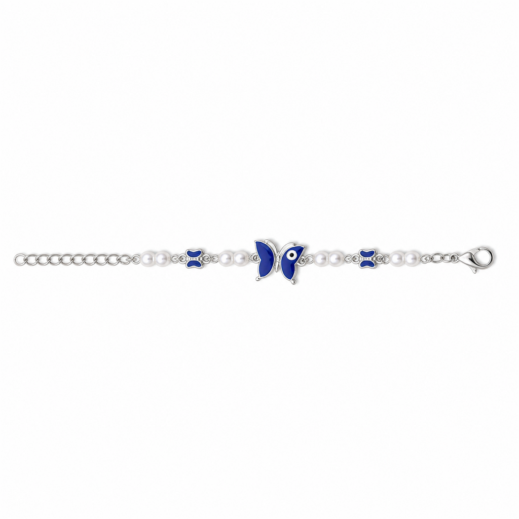 Silver Evil Eye Rakhi Bracelet with Pearls & Butterfly Charm – Nazar Protection Bracelet | Labh Ethnica