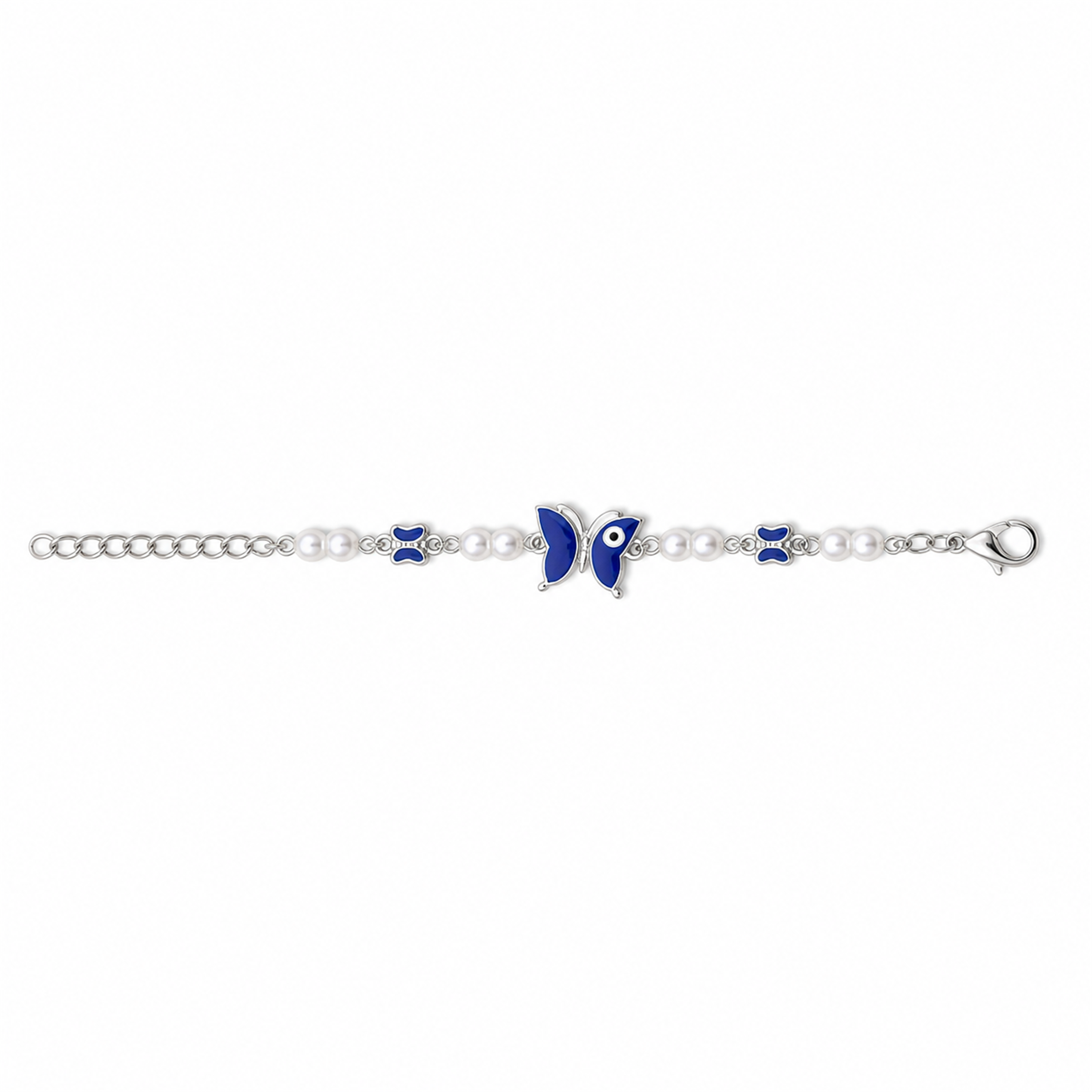 Silver Evil Eye Rakhi Bracelet with Pearls & Butterfly Charm – Nazar Protection Bracelet | Labh Ethnica