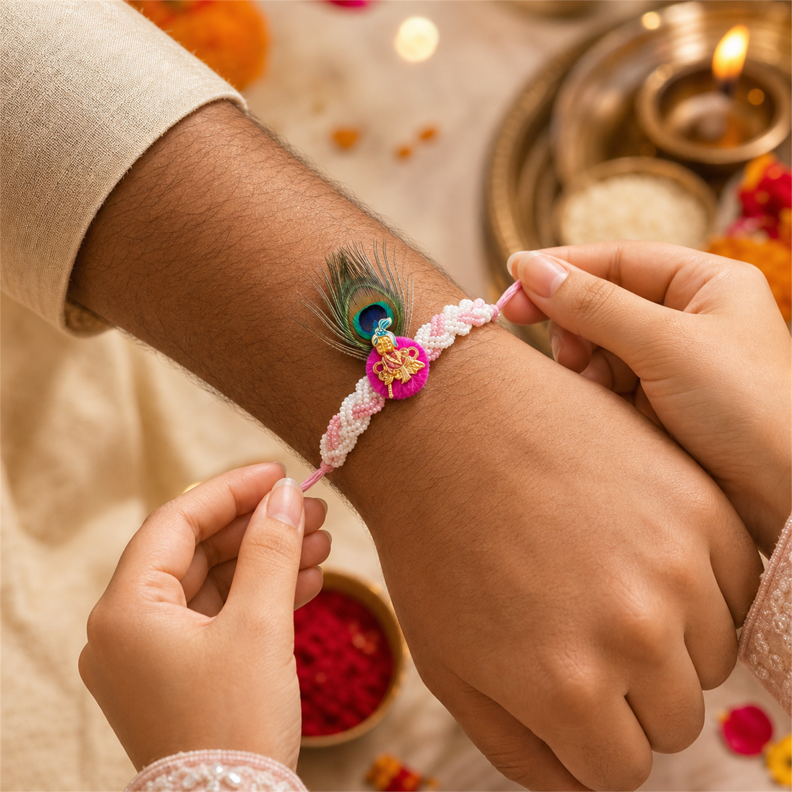 Peacock Krishna Rakhi for Brother – Handcrafted Enamel Deity Bracelet for Raksha Bandhan | Labh Ethnica