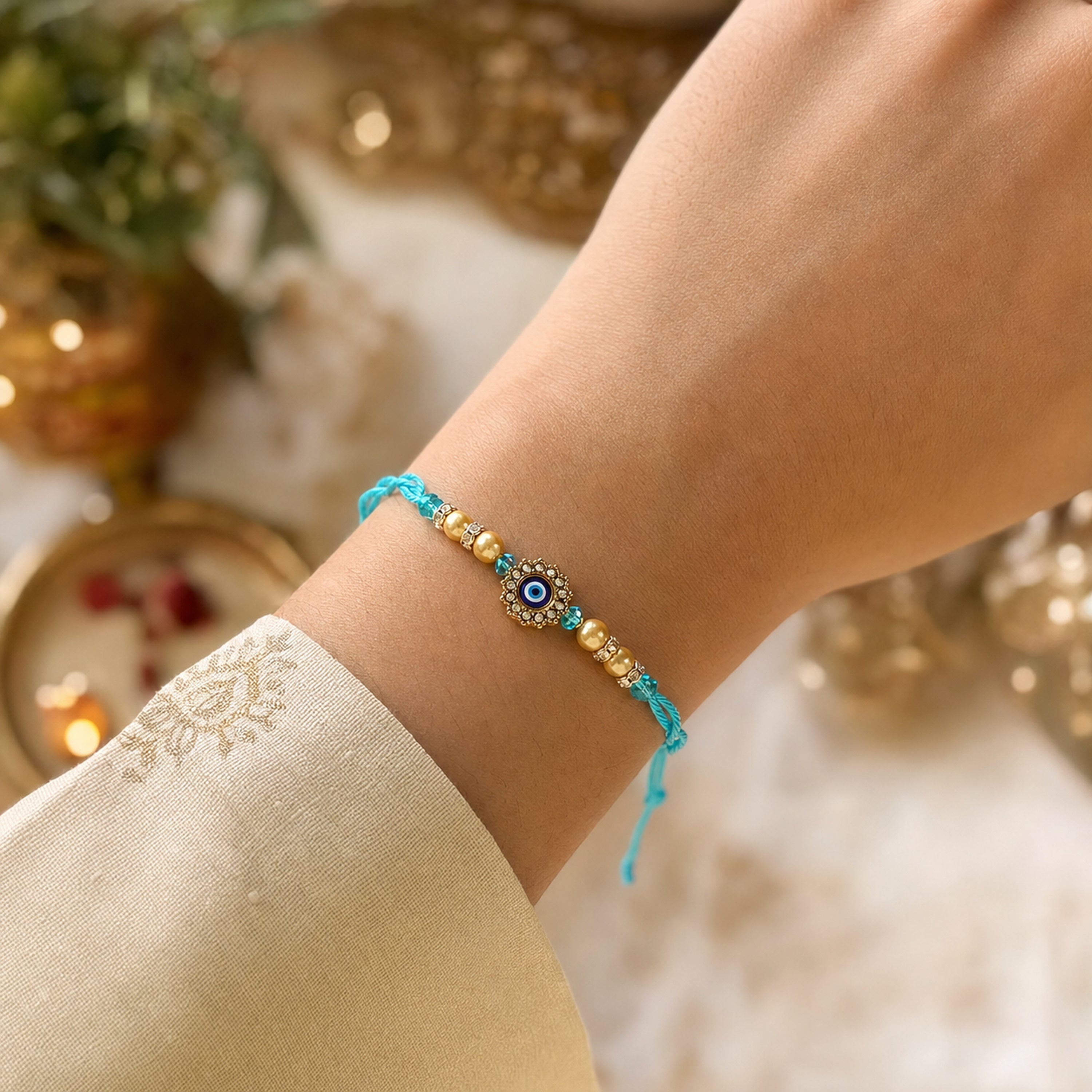 Turquoise Evil Eye Rakhi for Brother – Handcrafted Nazar Protection Bracelet for Raksha Bandhan | Labh Ethnica