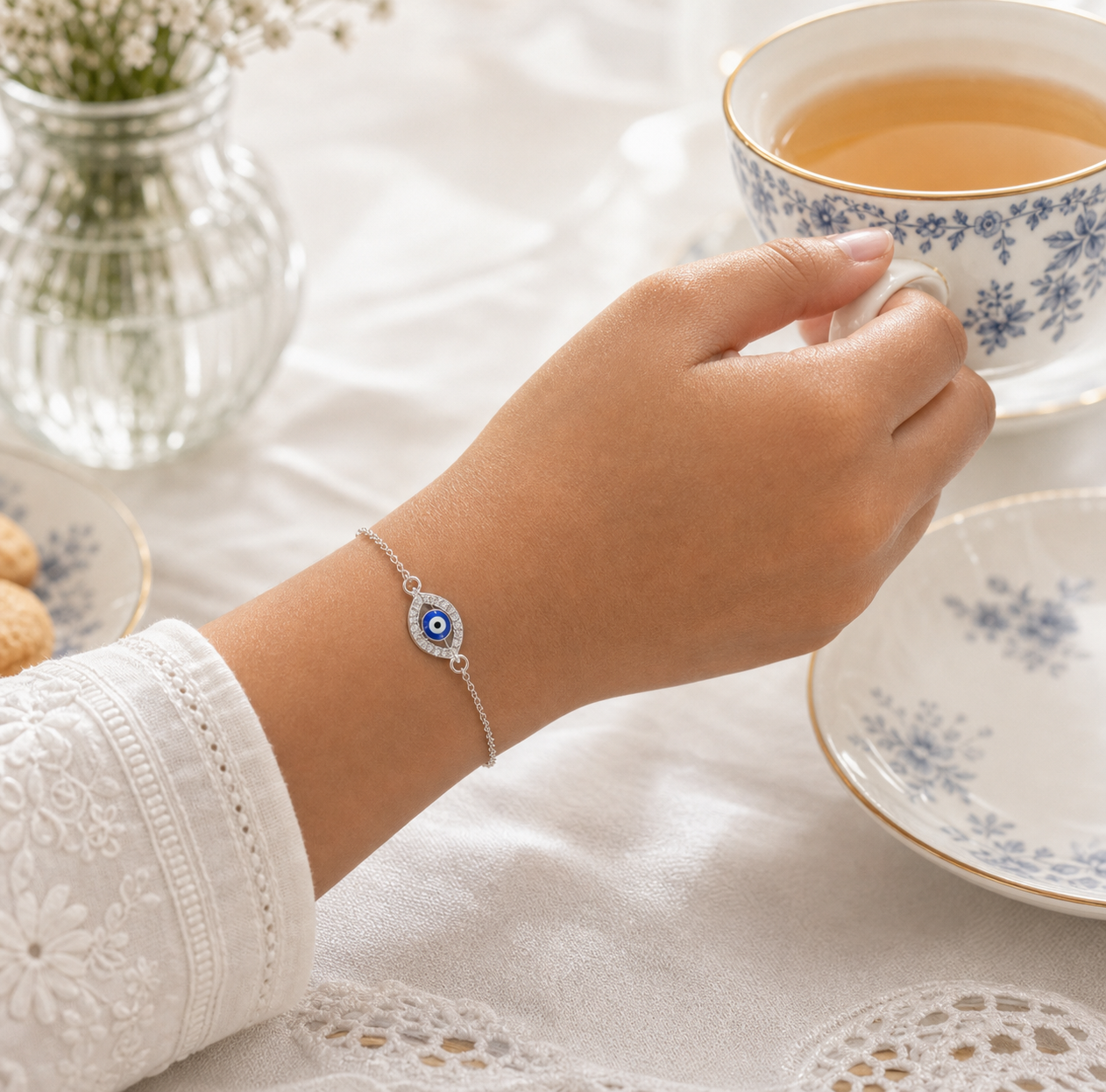 Silver Evil Eye Bracelet for Women - Nazar Protection Charm