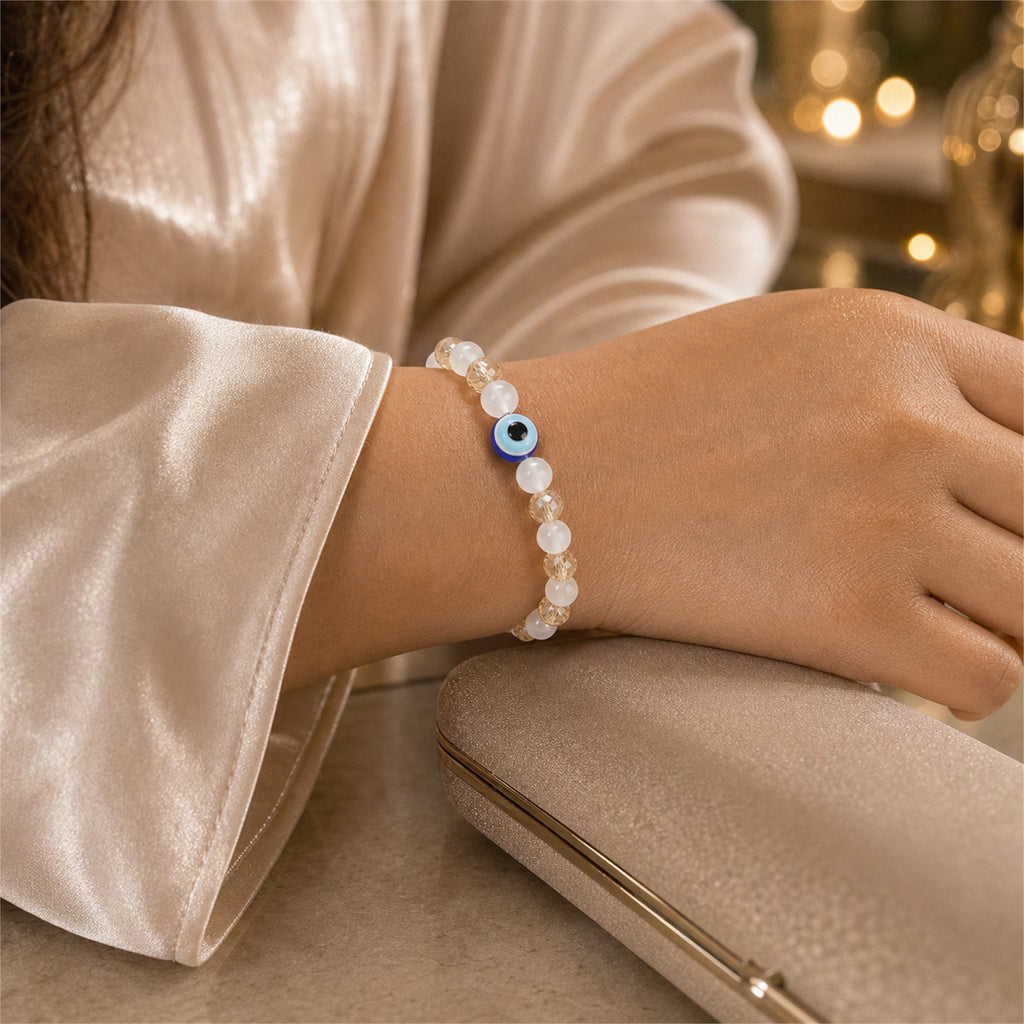 White Gold Evil Eye Nazar Bracelet – Handcrafted Protection & Good Luck Bracelet for Gifting | Labh Ethnica
