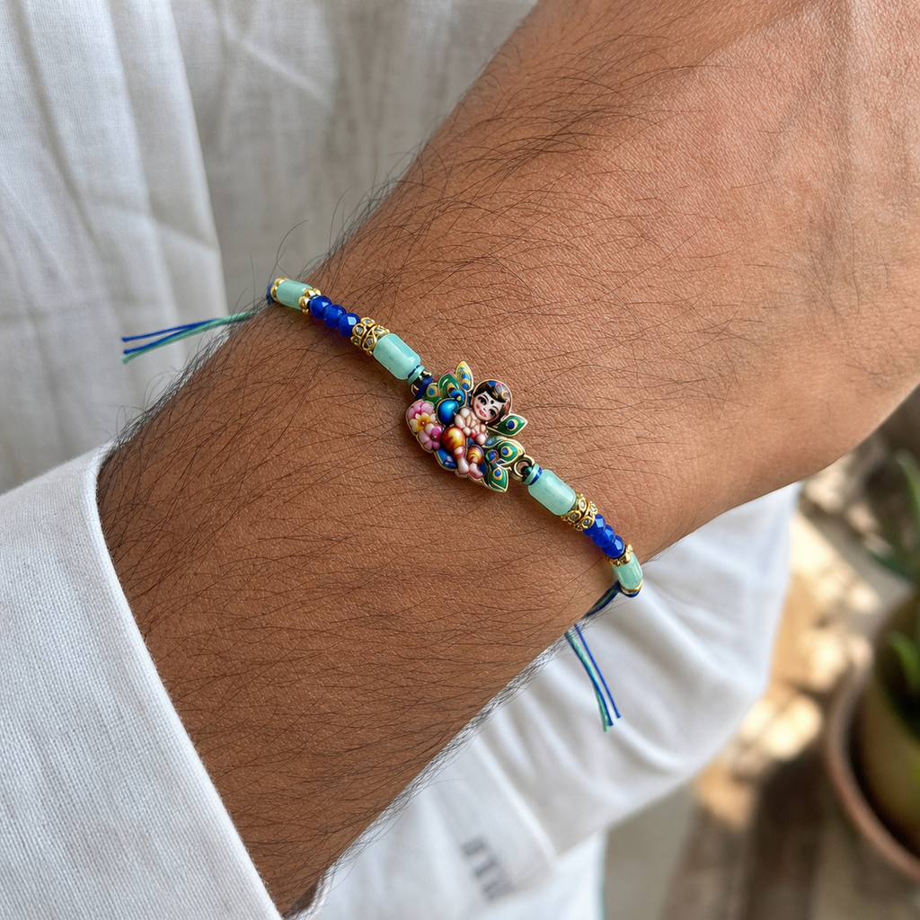 Bal Gopal Krishna Rakhi – Handcrafted Enamel Deity Beaded Tassel Bracelet for Raksha Bandhan | Labh Ethnica