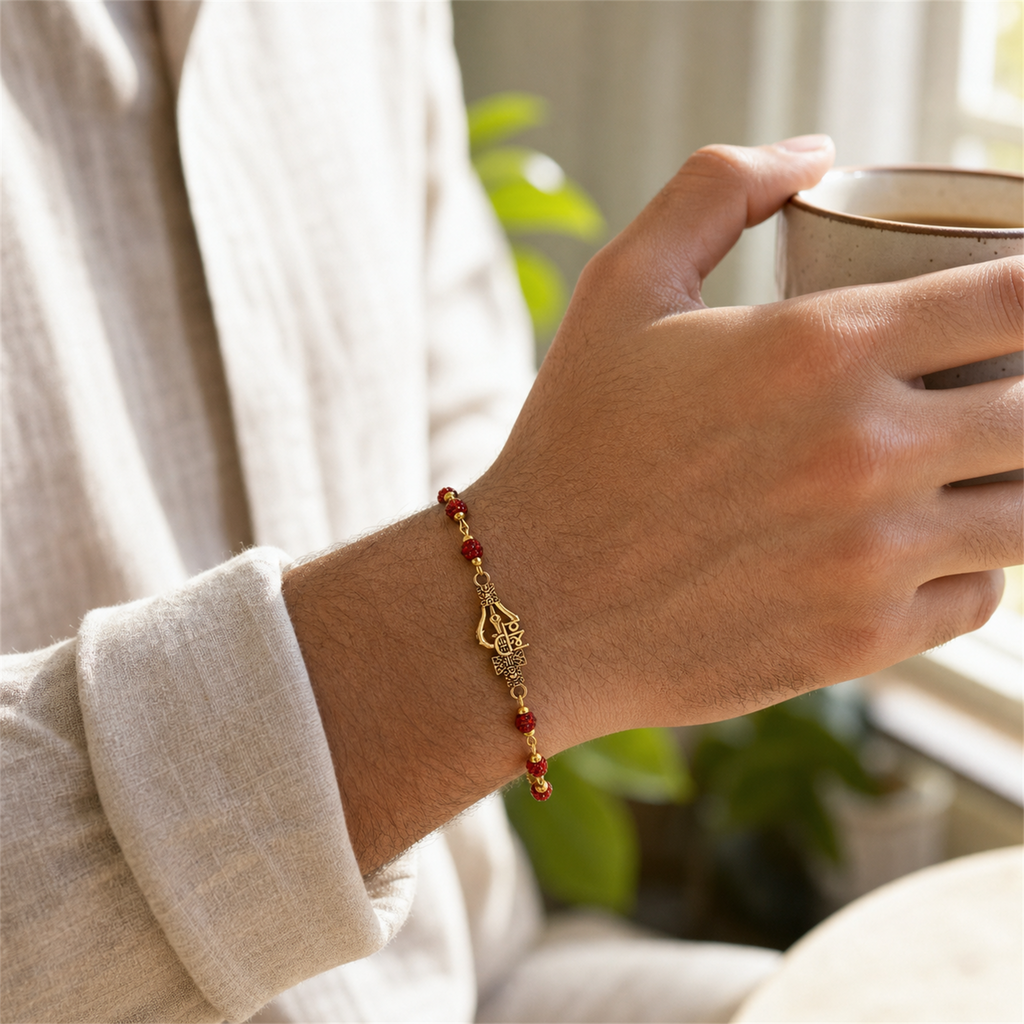 Spiritual Om Trishul Rudraksha Bead Bracelet for Men | Shiva Protection Rakhi