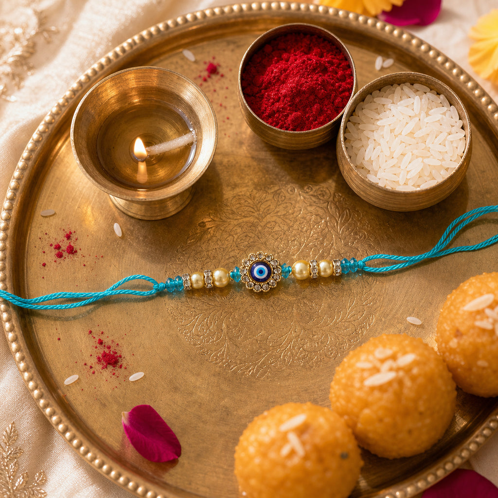 Turquoise Evil Eye Rakhi for Brother – Handcrafted Nazar Protection Bracelet for Raksha Bandhan | Labh Ethnica