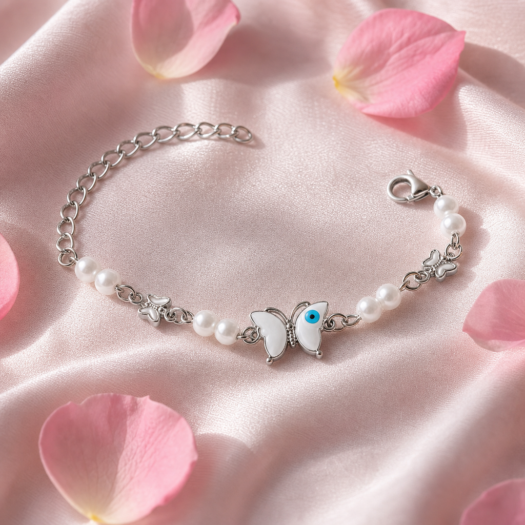 Silver Evil Eye Rakhi Bracelet with Pearls & Butterfly Charm