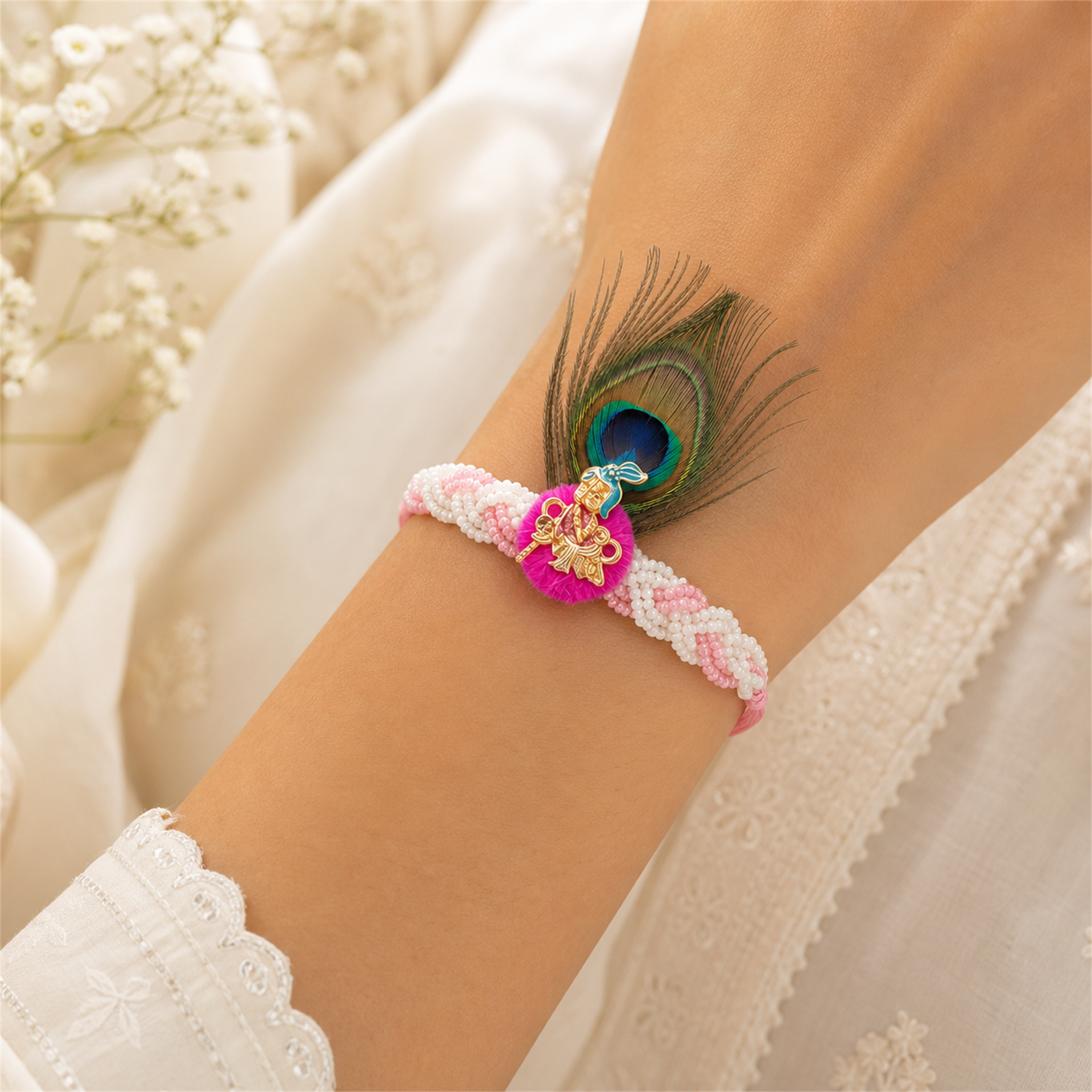 Peacock Krishna Rakhi for Brother – Handcrafted Enamel Deity Bracelet for Raksha Bandhan | Labh Ethnica