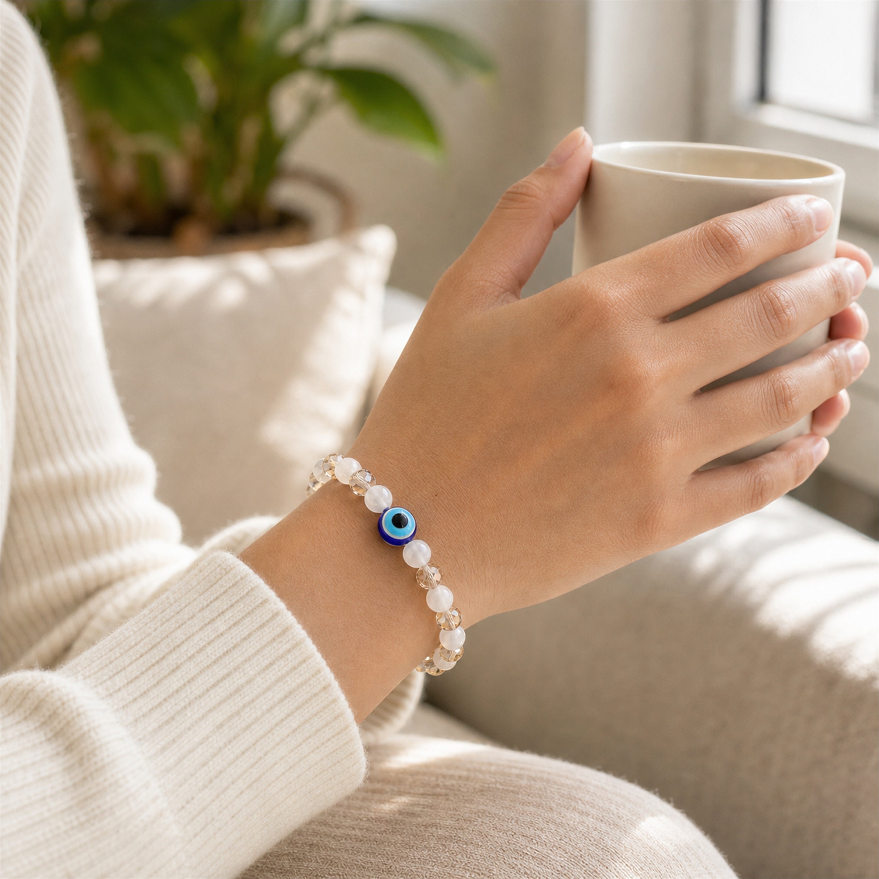 White Gold Evil Eye Nazar Bracelet – Handcrafted Protection & Good Luck Bracelet for Gifting | Labh Ethnica