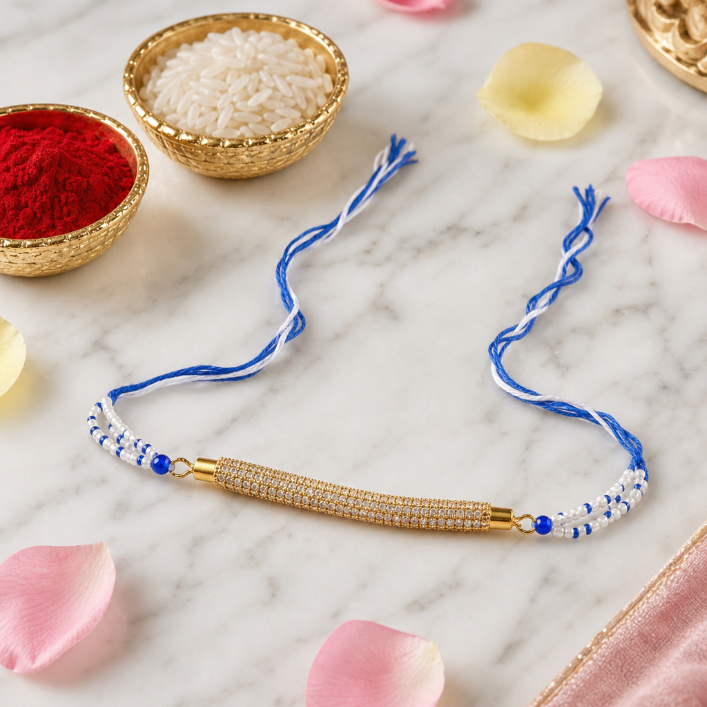 White Blue Beaded Rakhi for Brother