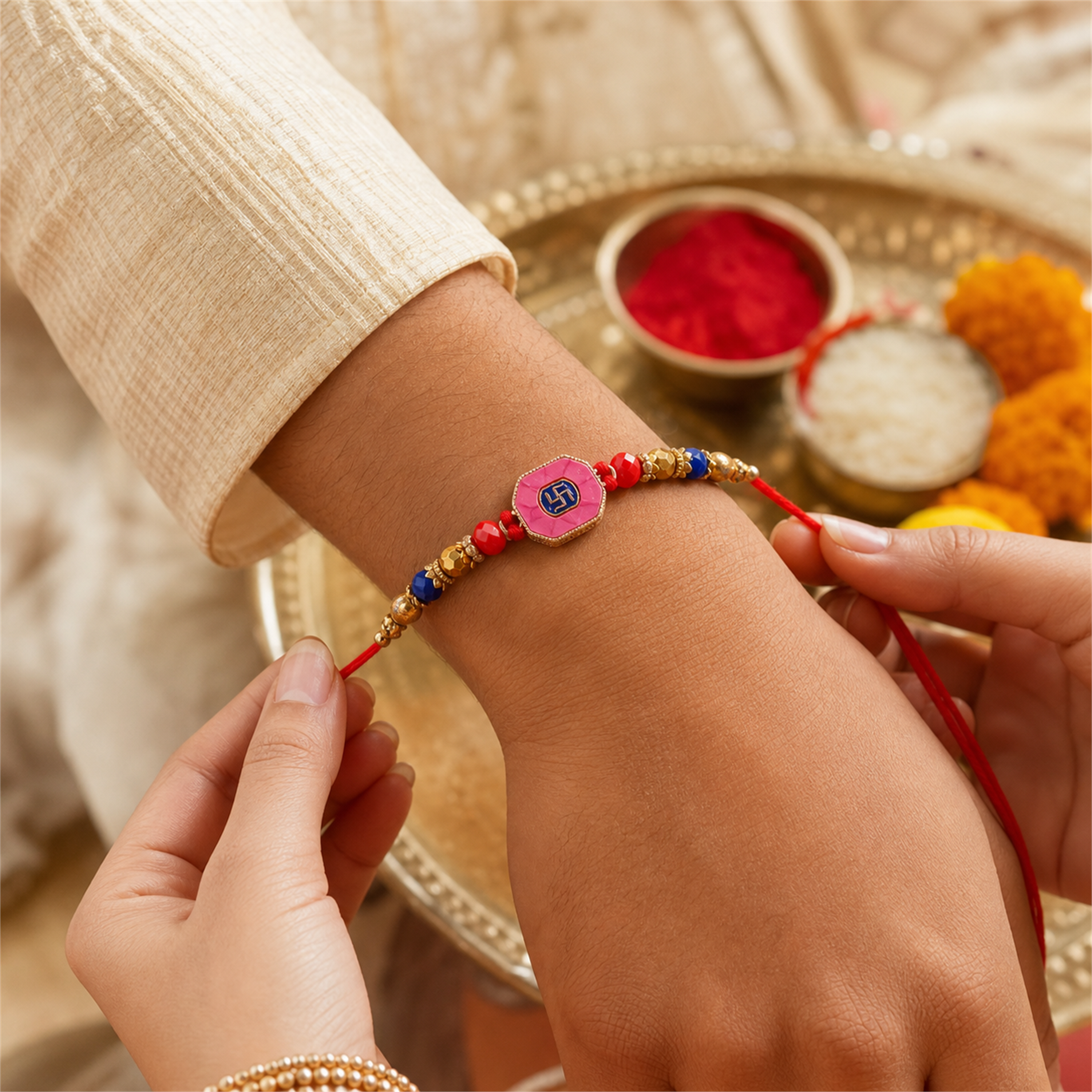 Pink Swastik Rakhi for Brother – Handcrafted Auspicious Beaded Bracelet for Raksha Bandhan | Labh Ethnica