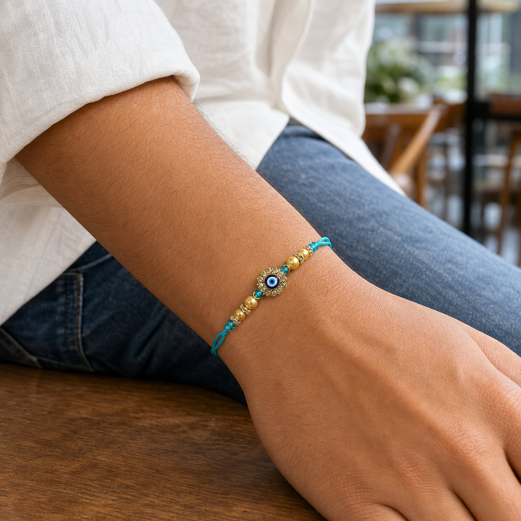 Turquoise Evil Eye Rakhi for Brother – Handcrafted Nazar Protection Bracelet for Raksha Bandhan | Labh Ethnica