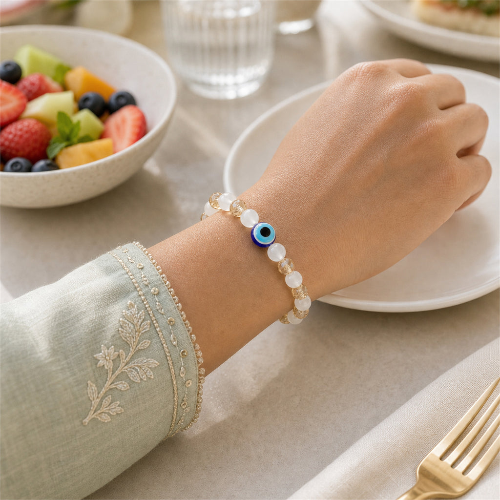 White Gold Evil Eye Nazar Bracelet – Handcrafted Protection & Good Luck Bracelet for Gifting | Labh Ethnica