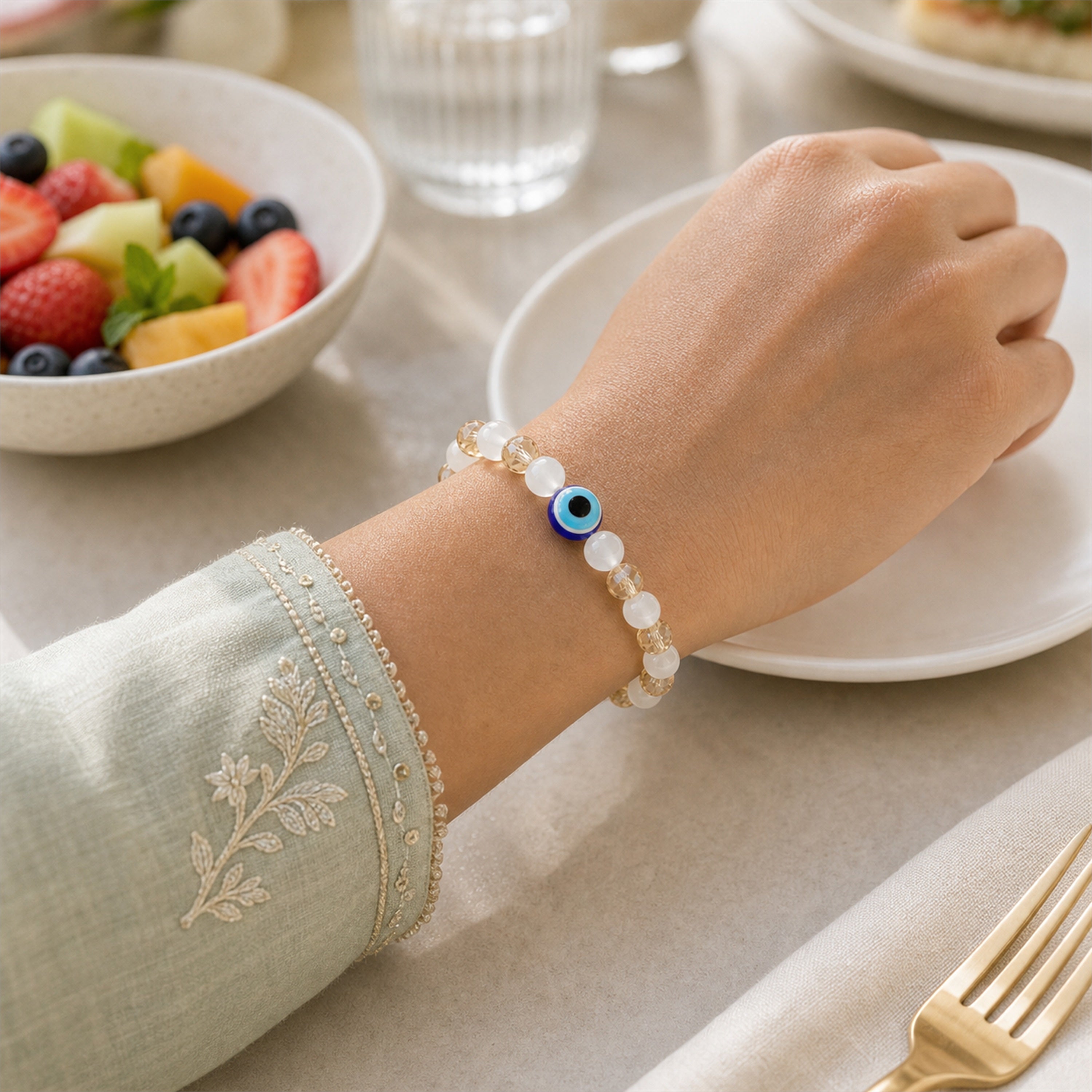 White Gold Evil Eye Nazar Bracelet – Handcrafted Protection & Good Luck Bracelet for Gifting | Labh Ethnica