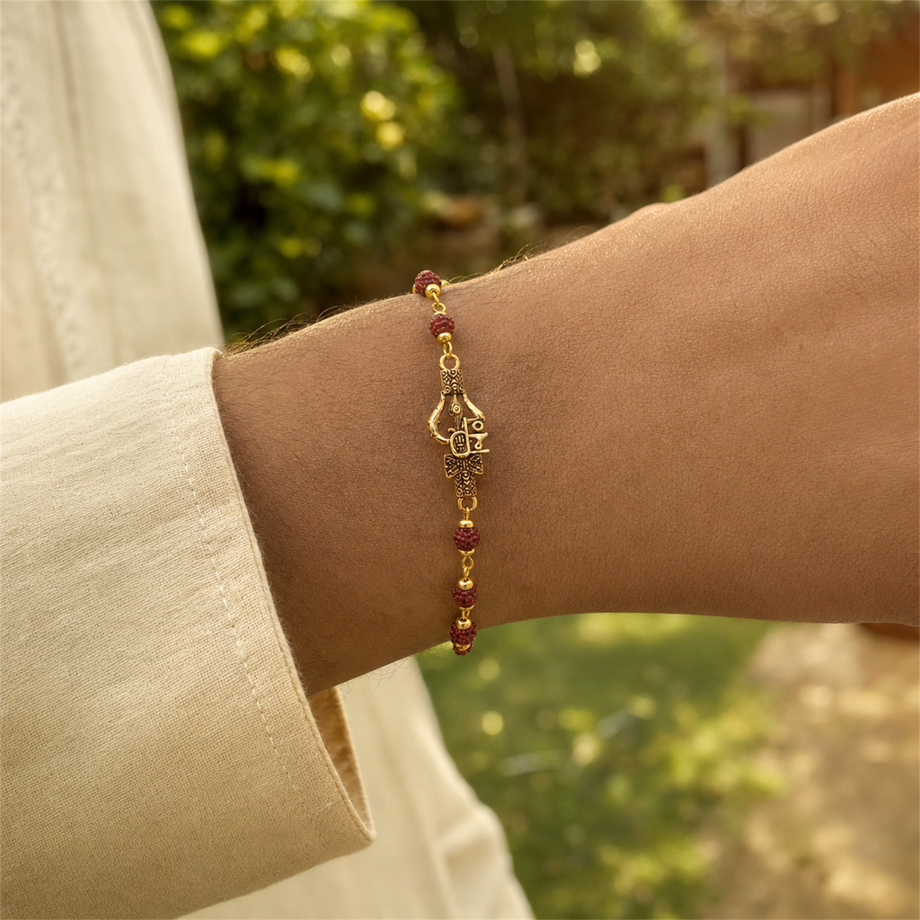 Spiritual Om Trishul Rudraksha Bead Bracelet for Men | Shiva Protection Rakhi