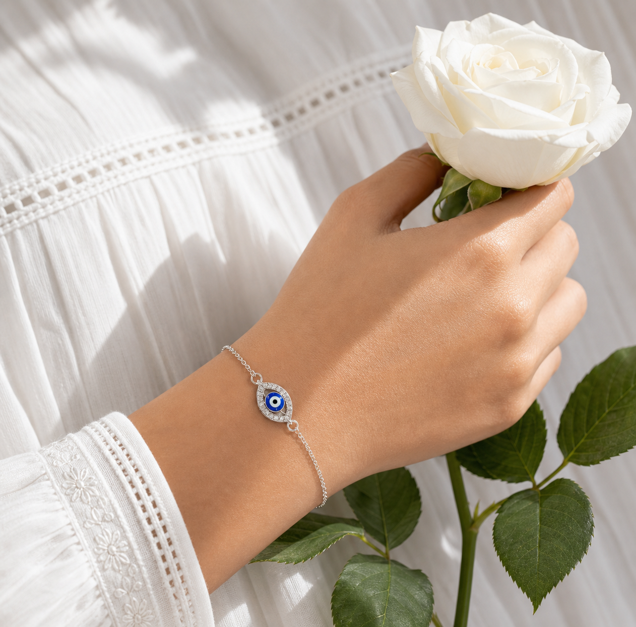 Silver Evil Eye Bracelet for Women - Nazar Protection Charm
