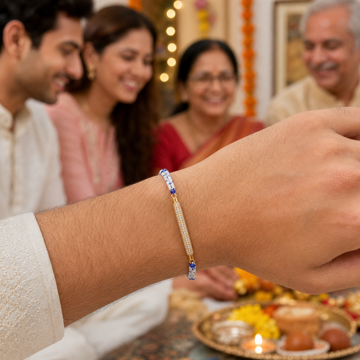 White Blue Beaded Rakhi for Brother
