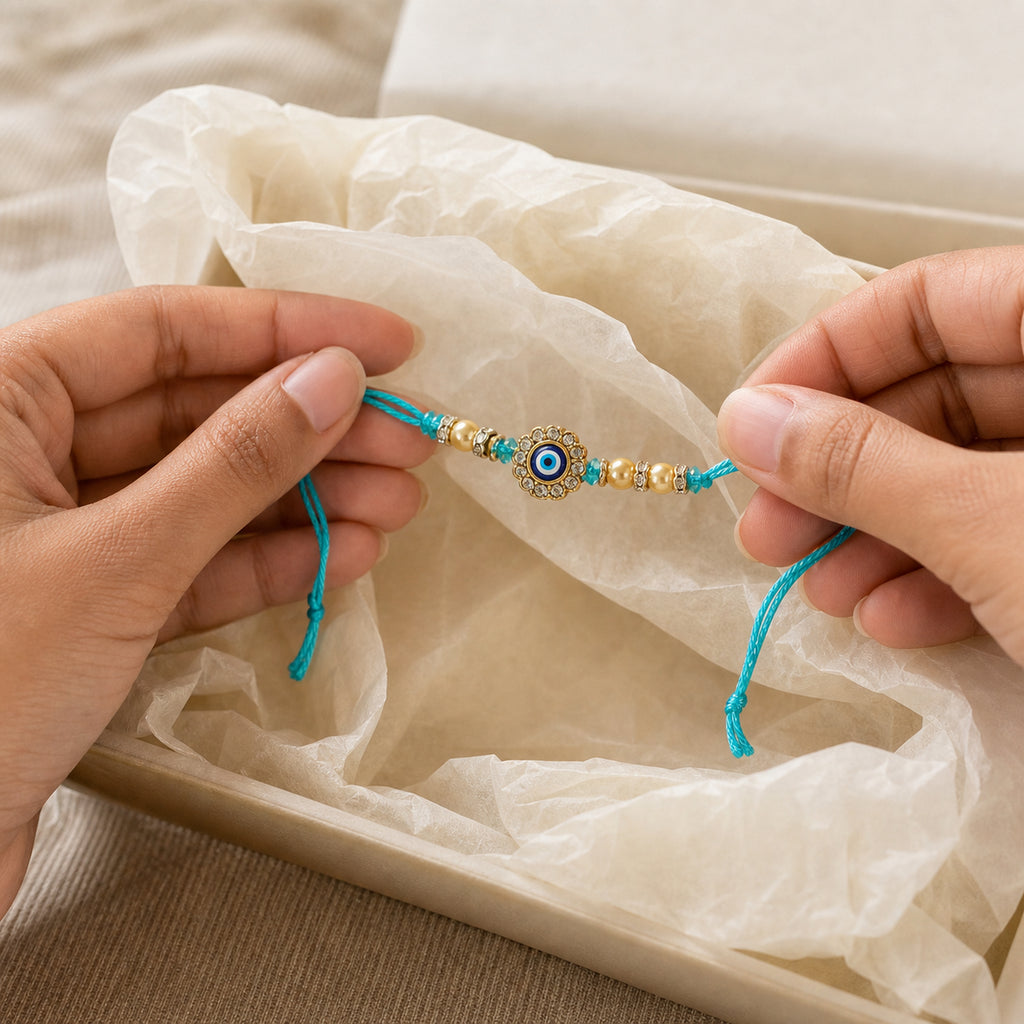 Turquoise Evil Eye Rakhi for Brother – Handcrafted Nazar Protection Bracelet for Raksha Bandhan | Labh Ethnica