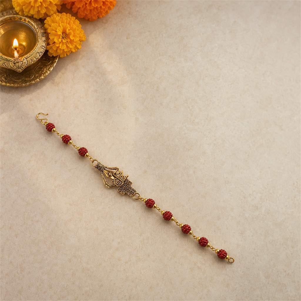 Spiritual Om Trishul Rudraksha Bead Bracelet for Men | Shiva Protection Rakhi