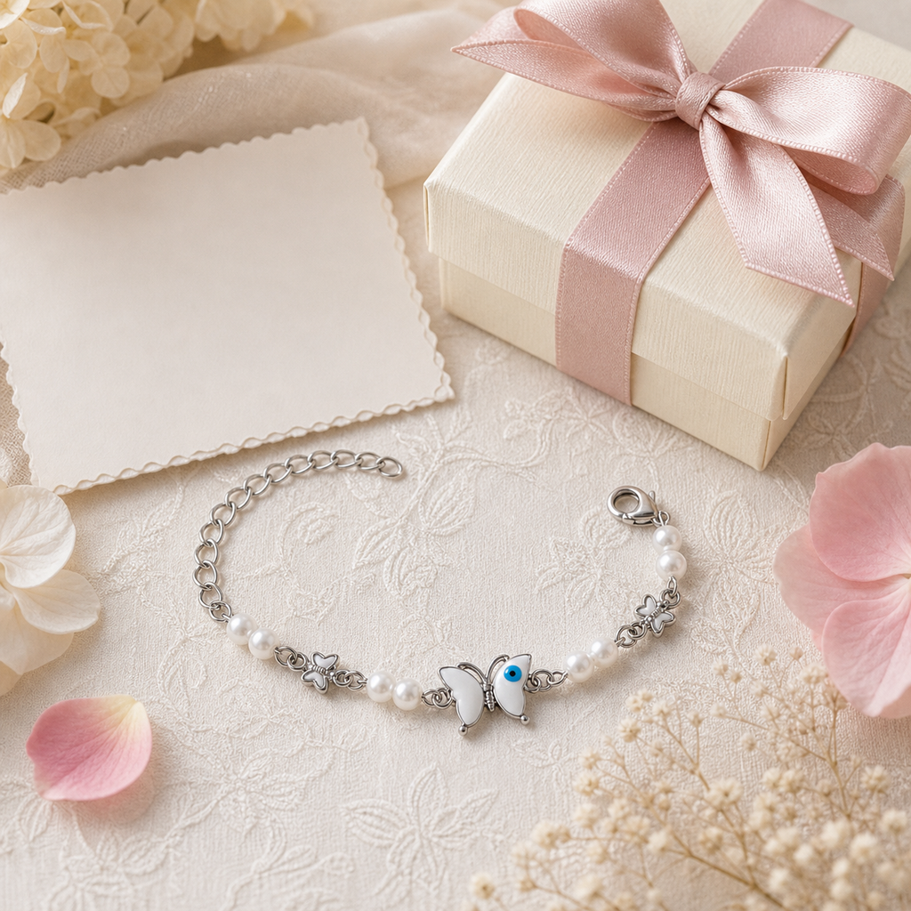 Silver Evil Eye Rakhi Bracelet with Pearls & Butterfly Charm