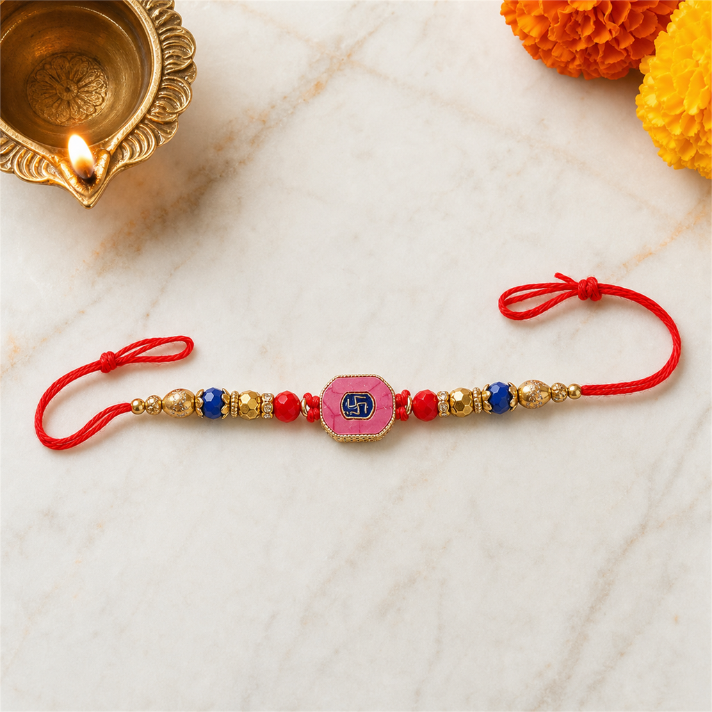 Pink Swastik Rakhi for Brother – Handcrafted Auspicious Beaded Bracelet for Raksha Bandhan | Labh Ethnica
