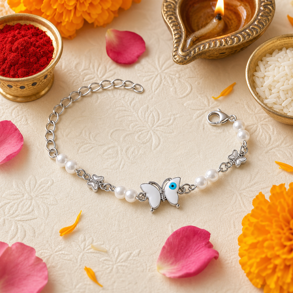 Silver Evil Eye Rakhi Bracelet with Pearls & Butterfly Charm