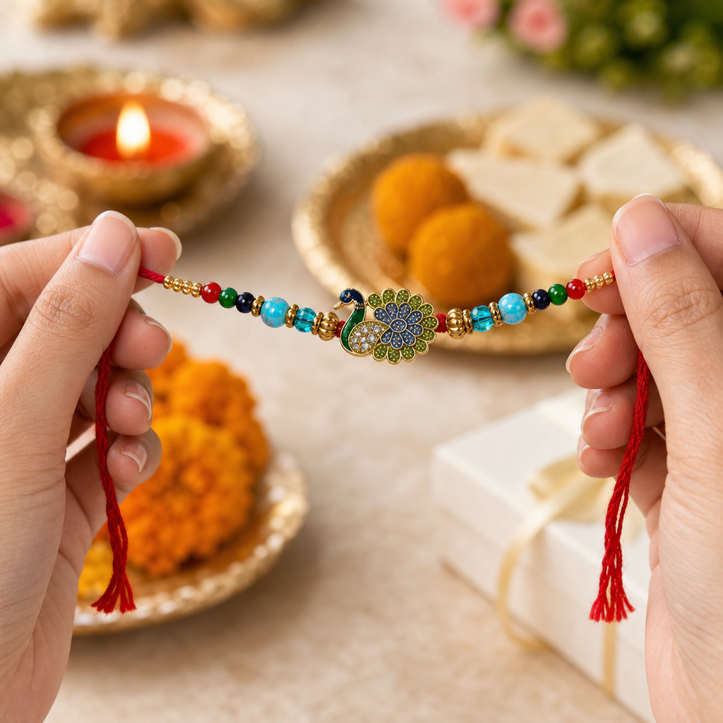 Peacock Rakhi Bracelet for Brother – Raksha Bandhan Gift | Traditional Indian Festive Jewellery | Labh Ethnica