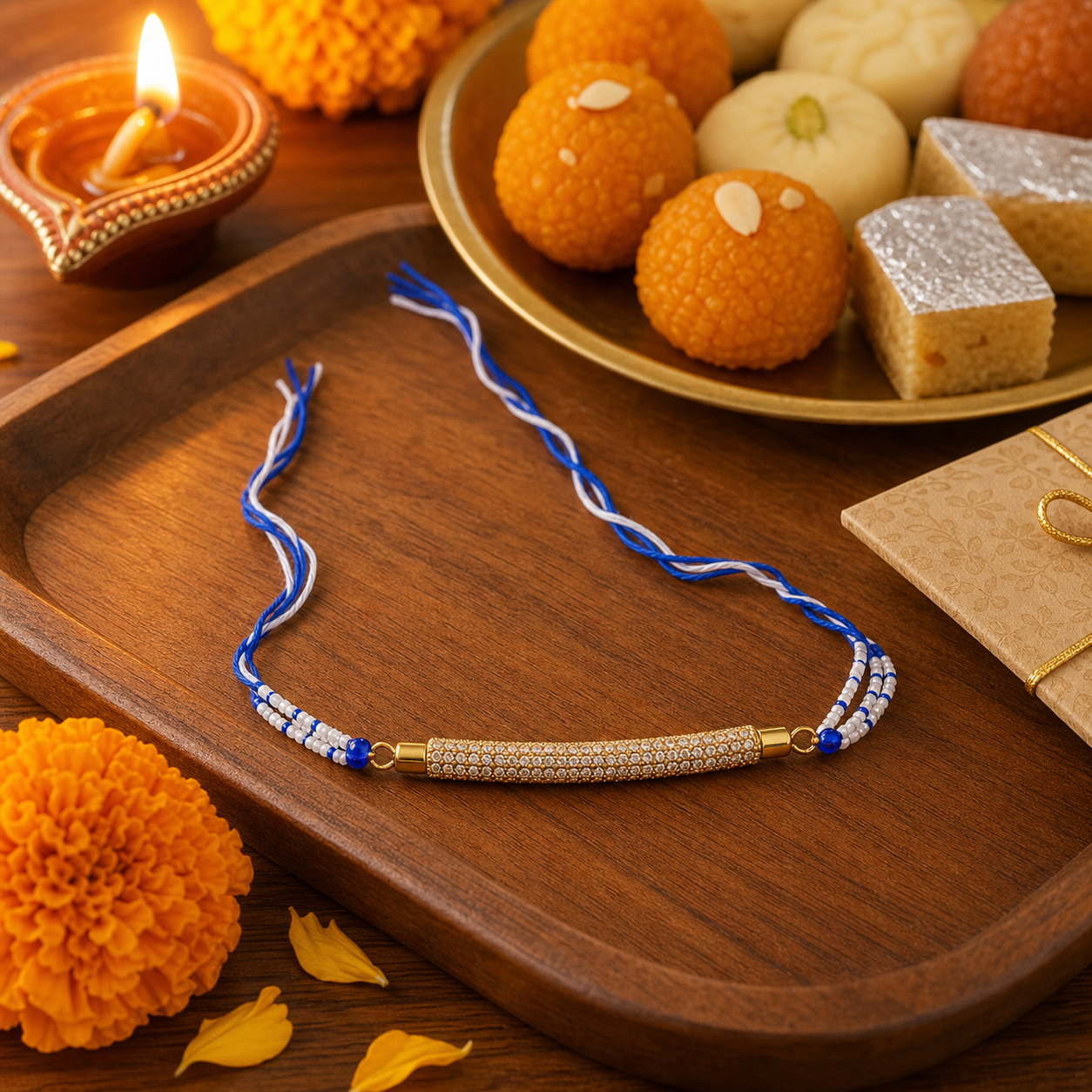 White Blue Beaded Rakhi for Brother