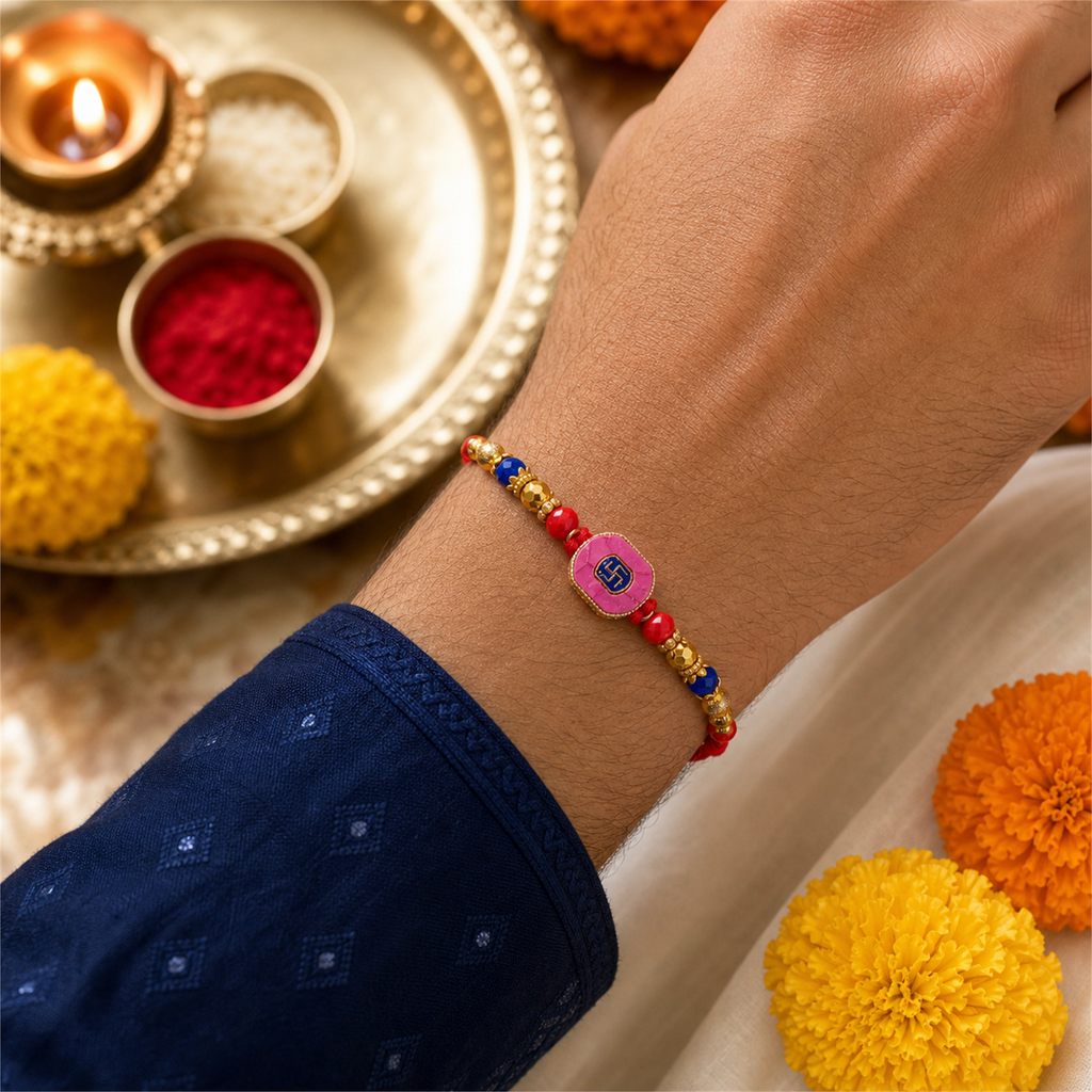 Pink Swastik Rakhi for Brother – Handcrafted Auspicious Beaded Bracelet for Raksha Bandhan | Labh Ethnica