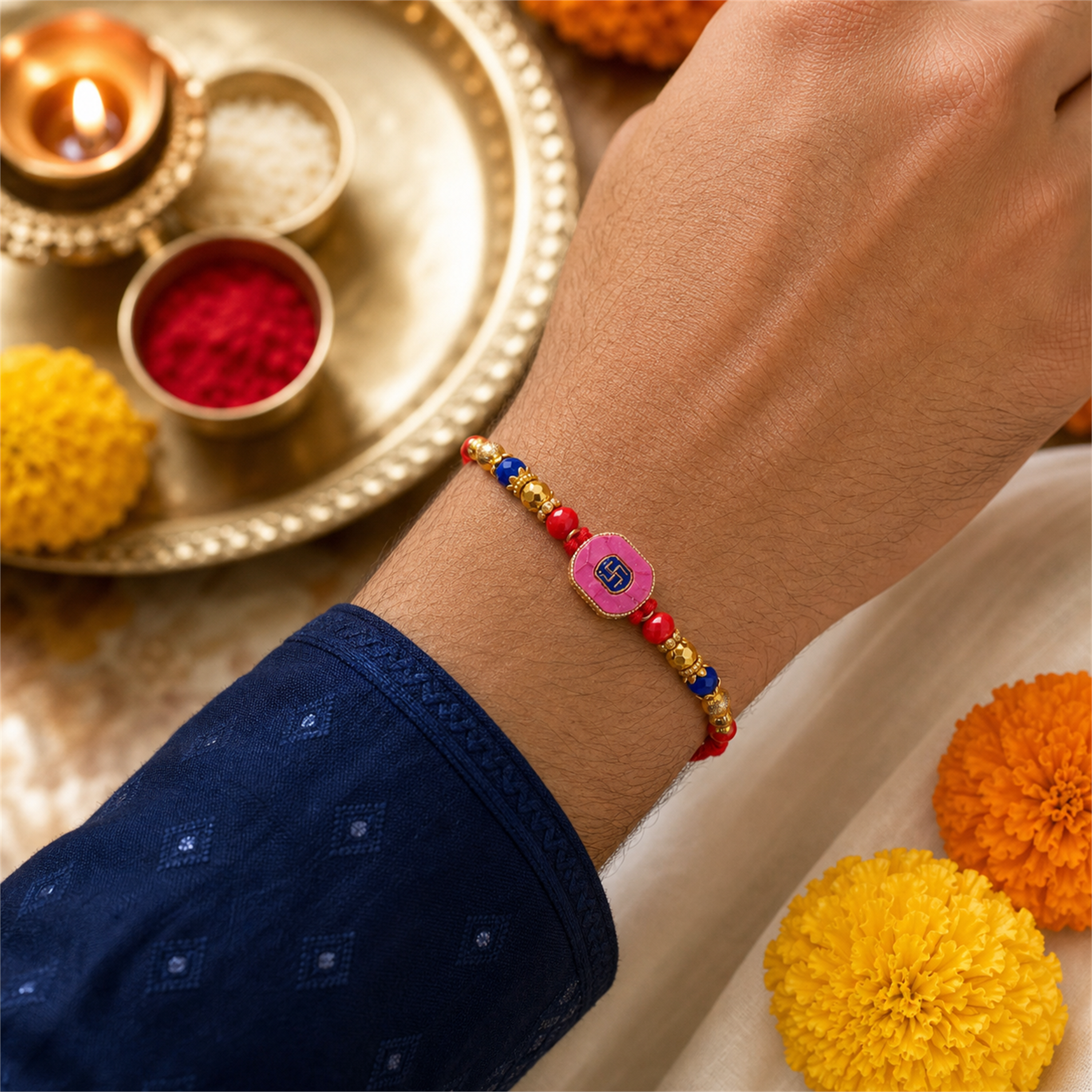 Pink Swastik Rakhi for Brother – Handcrafted Auspicious Beaded Bracelet for Raksha Bandhan | Labh Ethnica