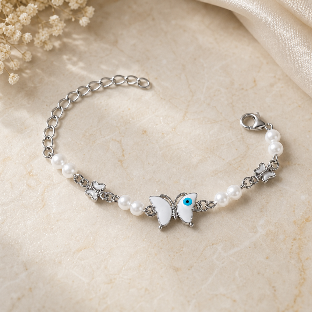 Silver Evil Eye Rakhi Bracelet with Pearls & Butterfly Charm