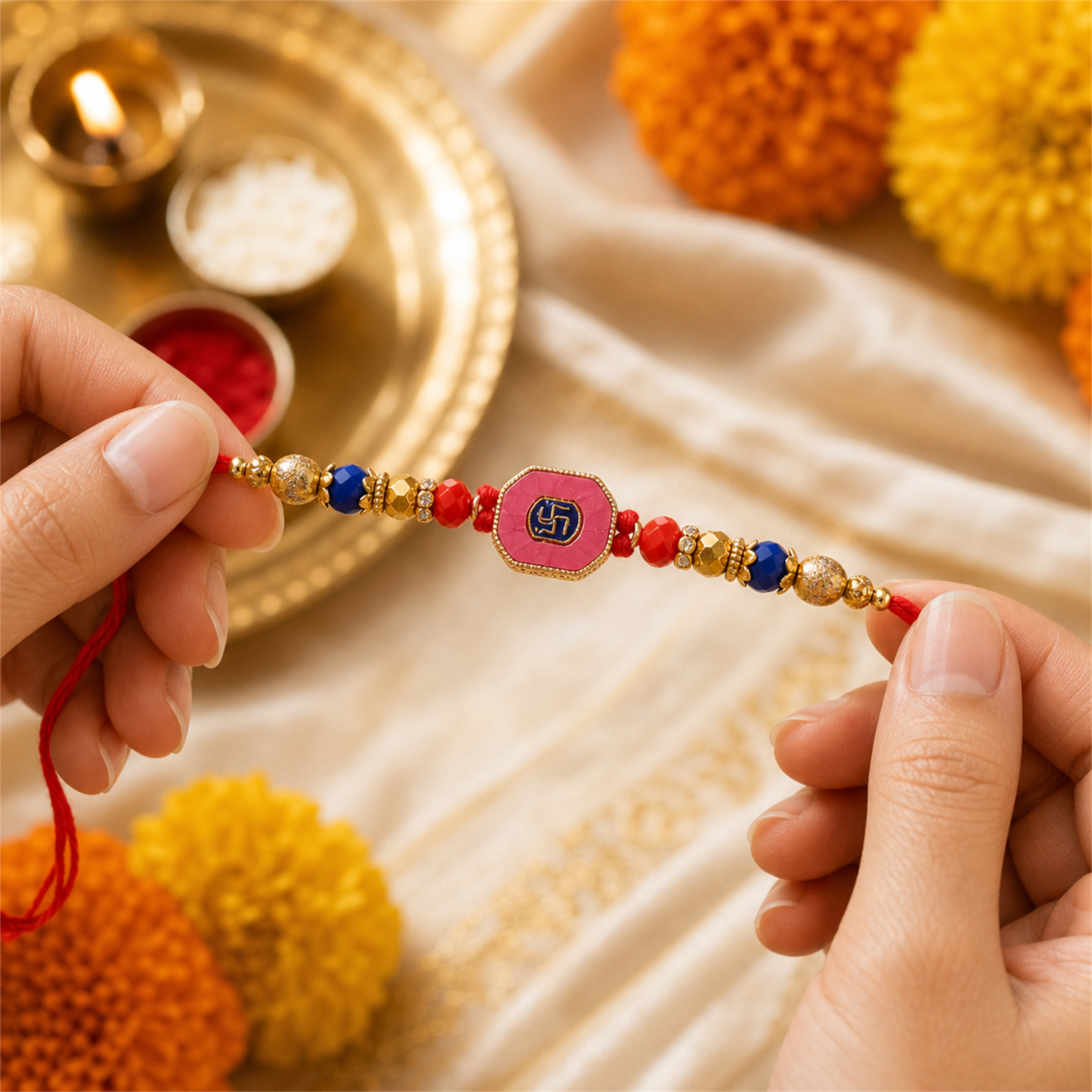 Pink Swastik Rakhi for Brother – Handcrafted Auspicious Beaded Bracelet for Raksha Bandhan | Labh Ethnica