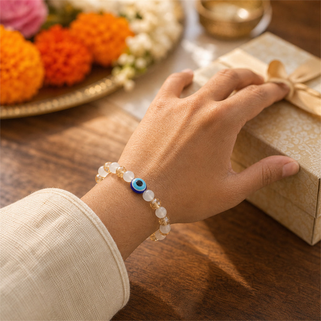 White Gold Evil Eye Nazar Bracelet – Handcrafted Protection & Good Luck Bracelet for Gifting | Labh Ethnica