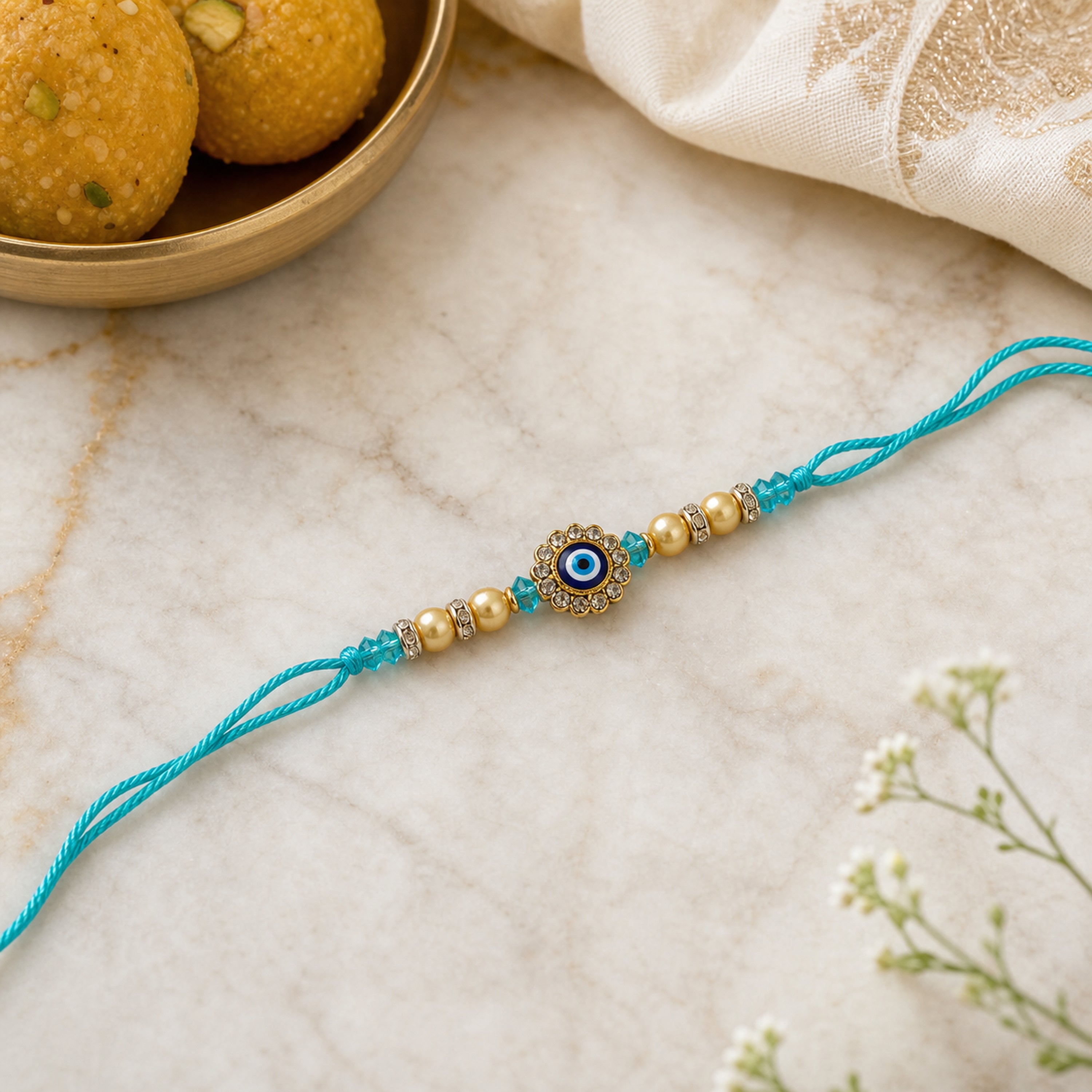 Turquoise Evil Eye Rakhi for Brother – Handcrafted Nazar Protection Bracelet for Raksha Bandhan | Labh Ethnica