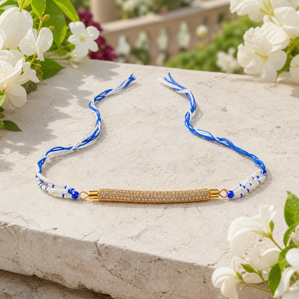 White Blue Beaded Rakhi for Brother